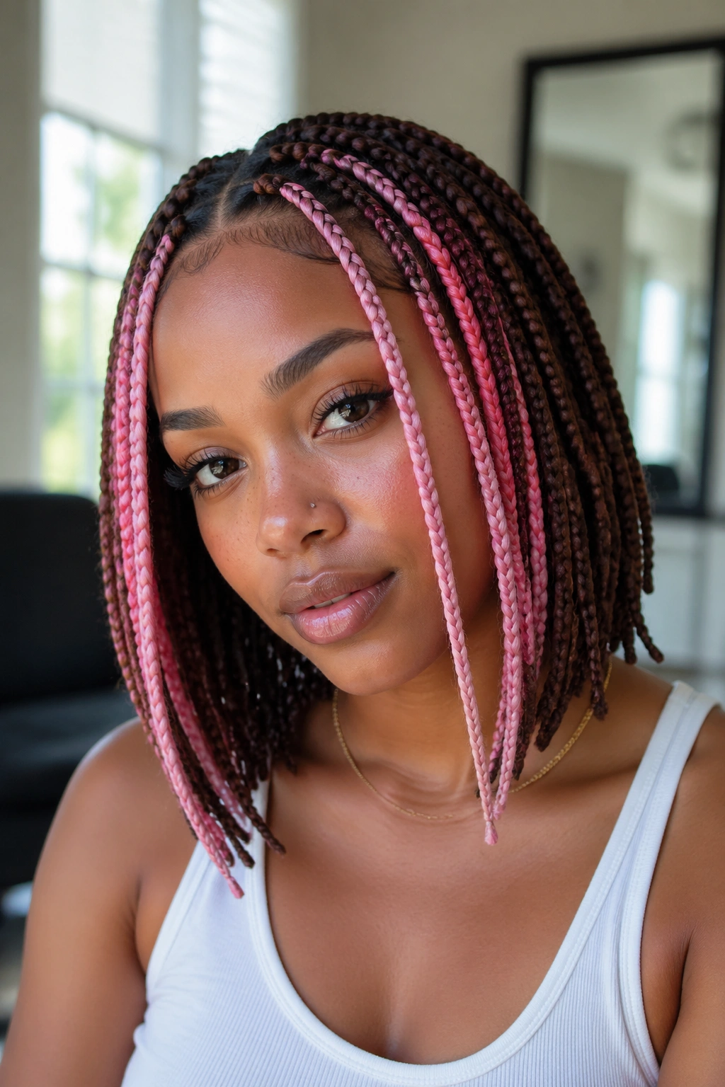 Portrait of a real person with tapered brown and pink box braids framing the face