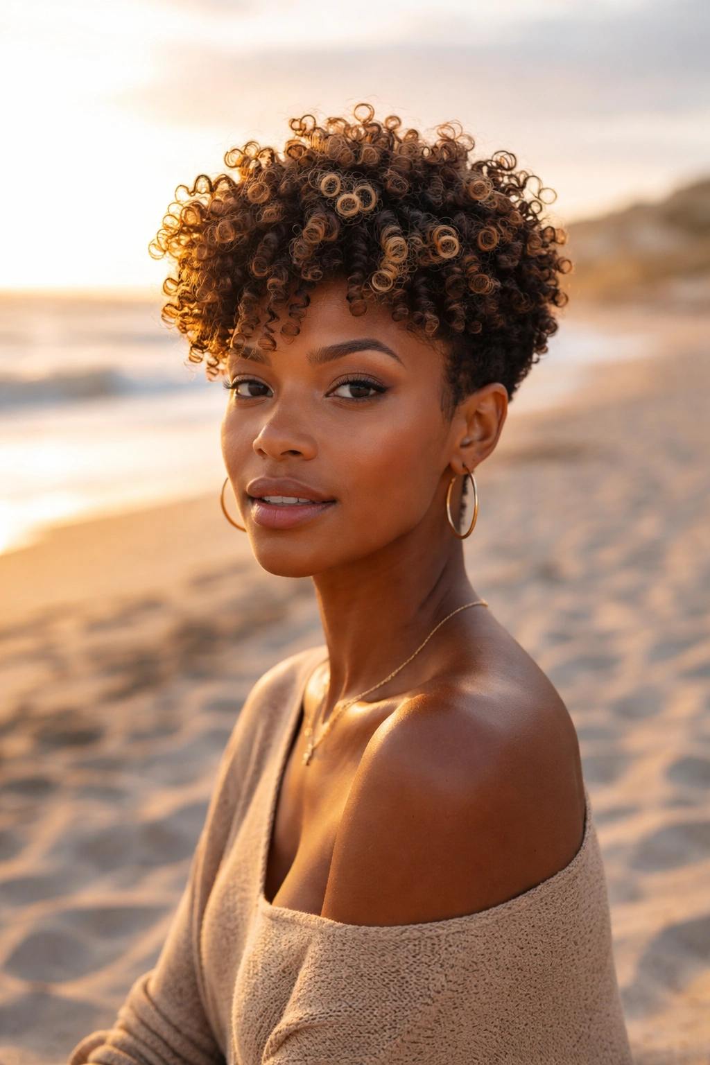 Tapered coils with golden halo highlights at golden hour beach