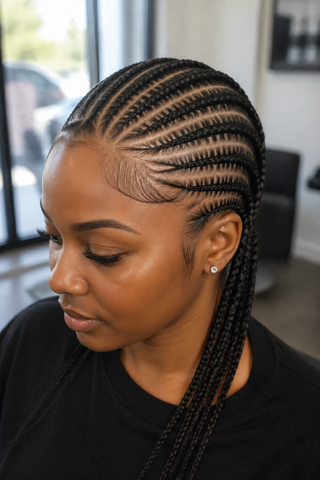 Close-up portrait of a real person with tapered-end needle cornrows in a salon