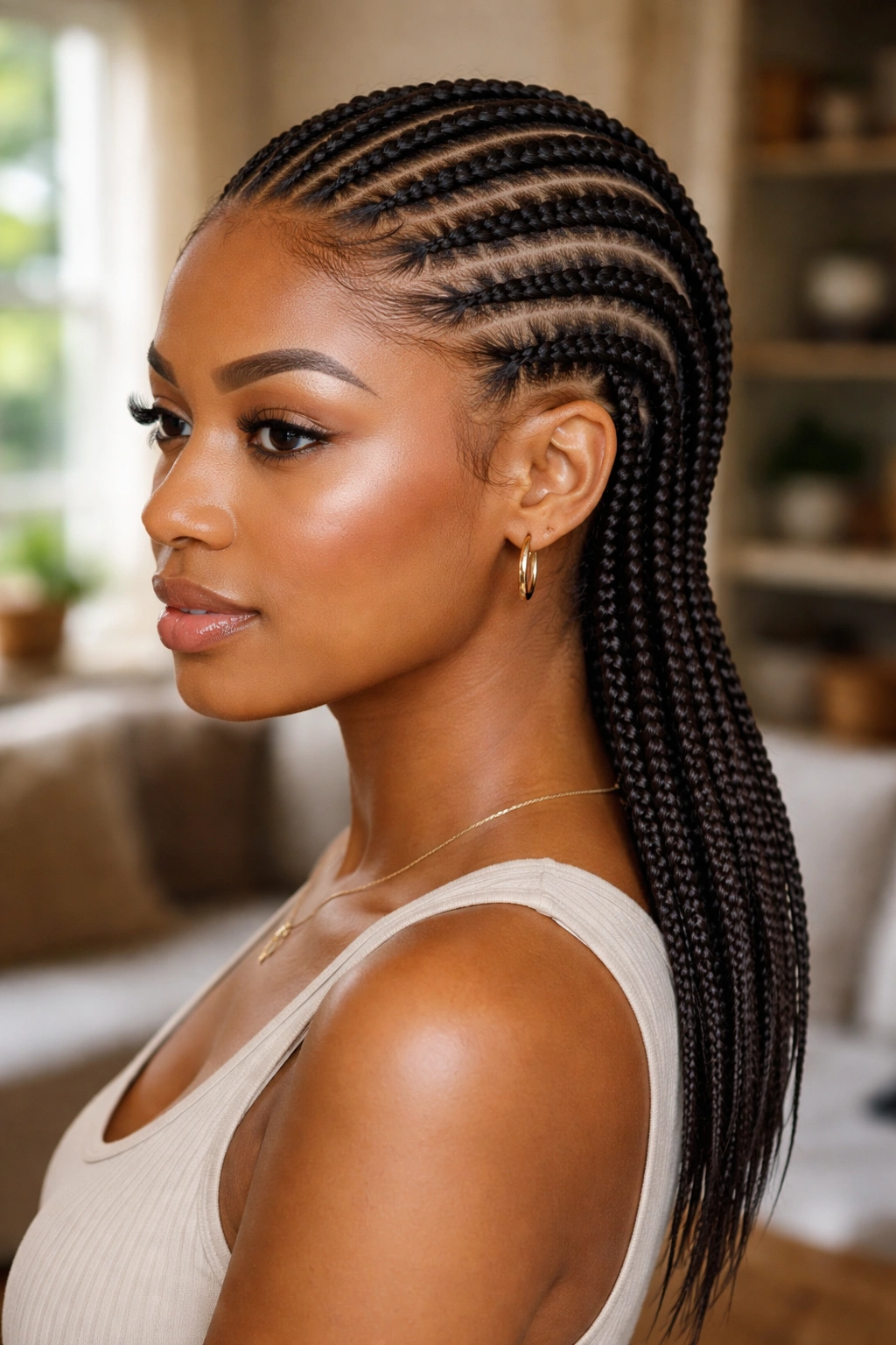 Close-up of a real person with tapered straight back cornrows from hairline to nape under natural window light