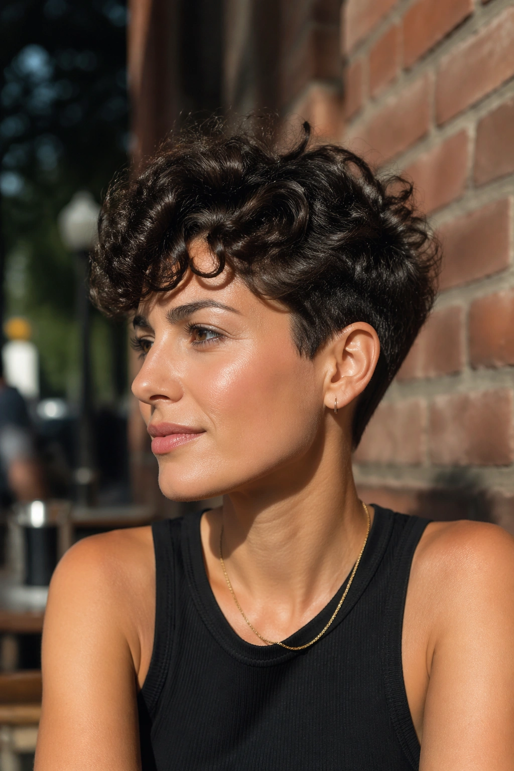 Close-up of a real person with a tapered crop, short sides, longer top, in daylight on a city sidewalk