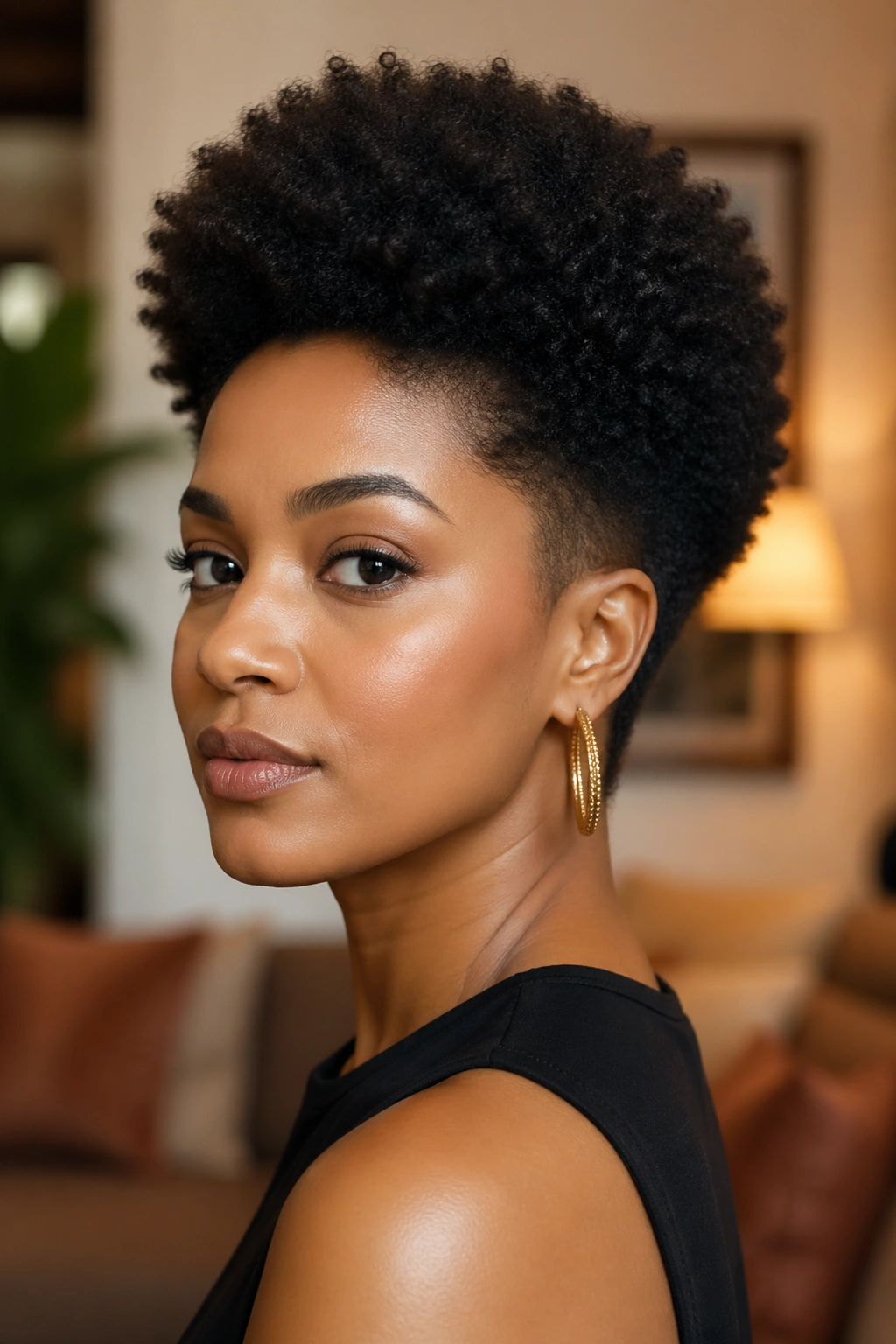 Close-up portrait of a real person with tapered sides and crown volume in a small Afro