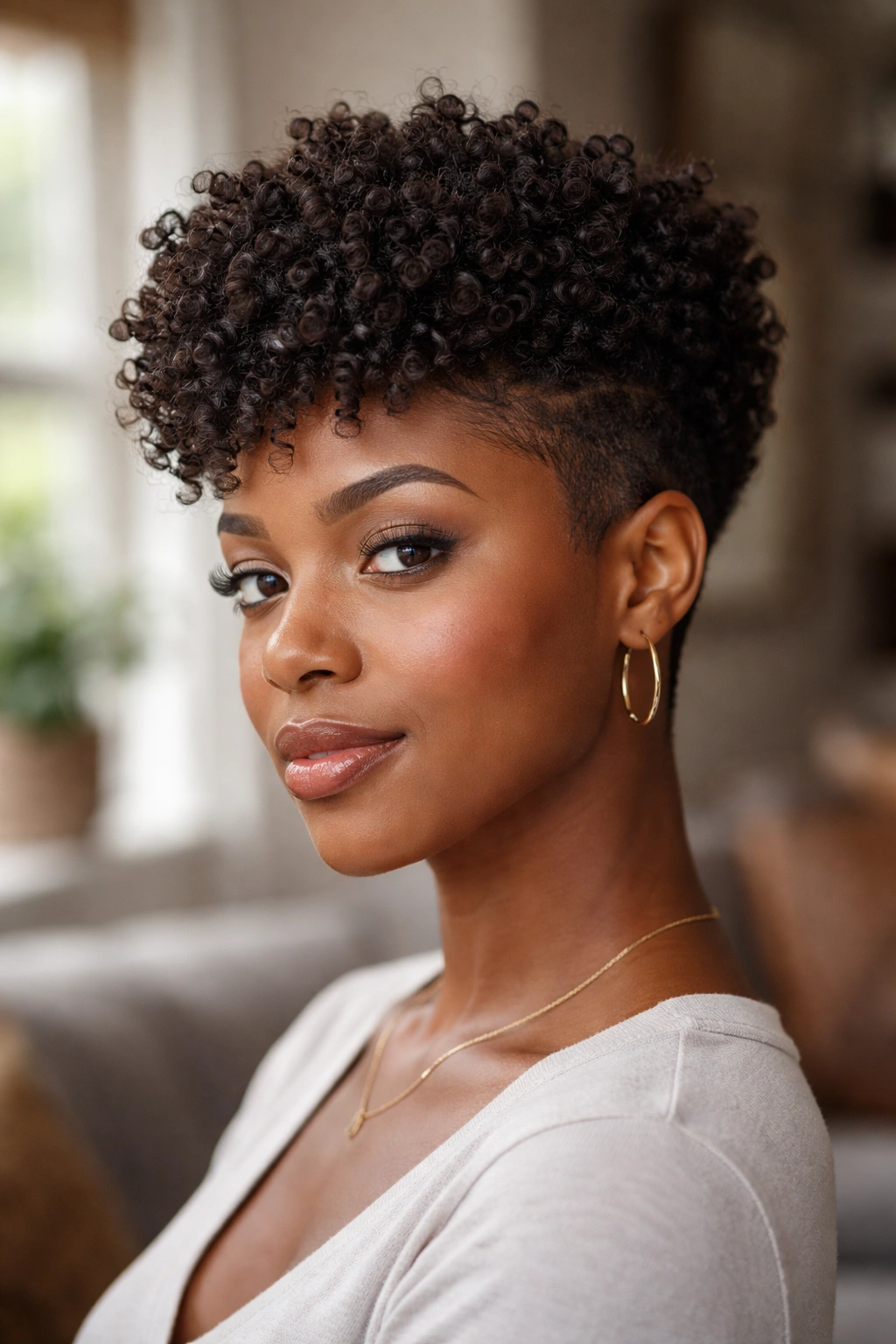 Close-up portrait of a person with a tapered tight-curl hairstyle