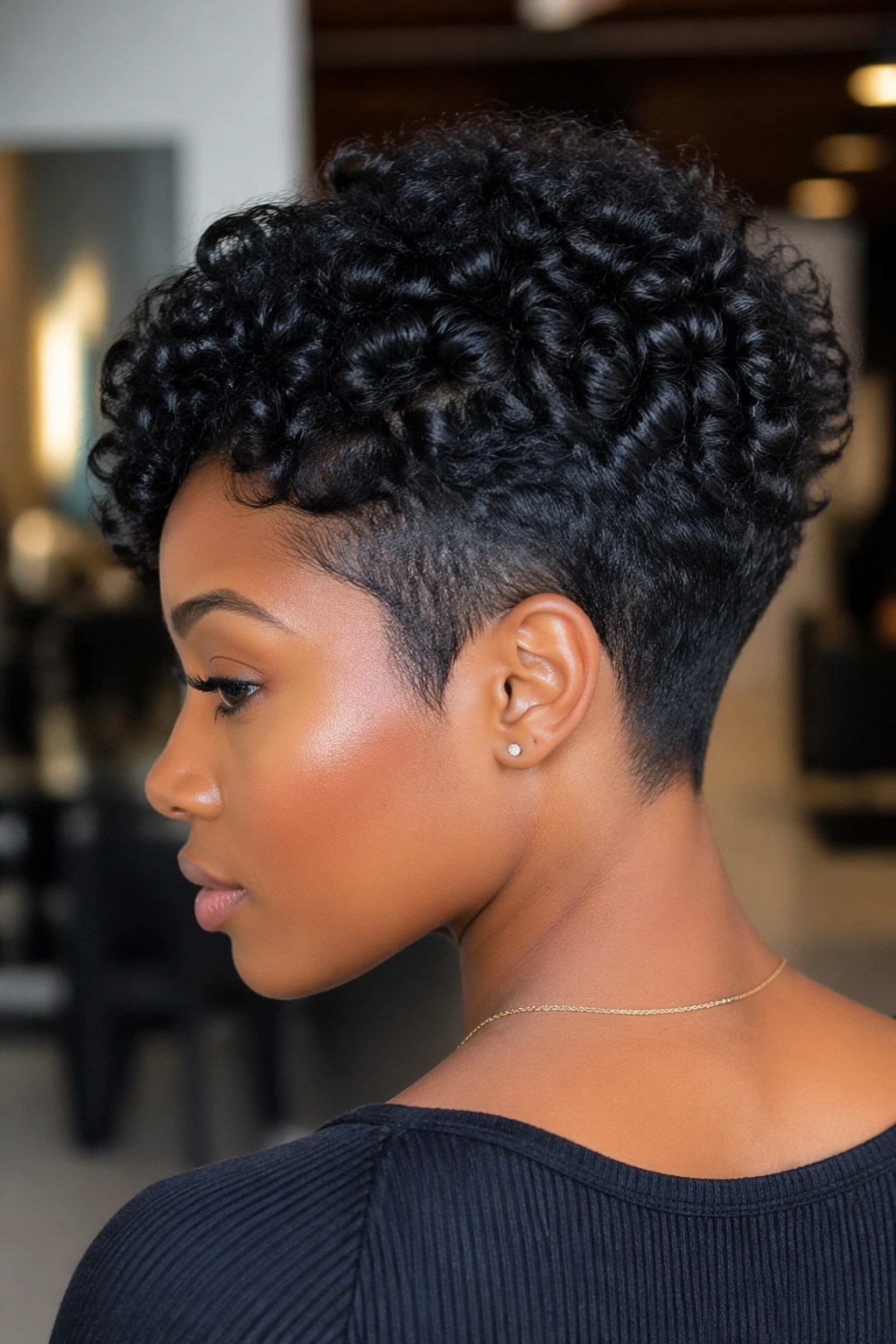 Close-up of a tapered curly bob on a Black woman showing sleek tapered sides and full crown curls.