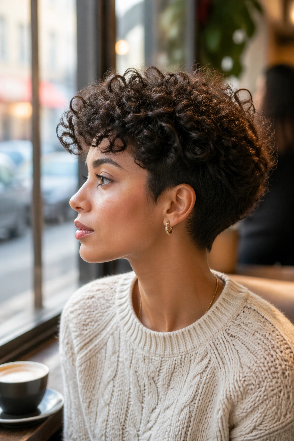 Side profile of tapered curly crop with lifted crown.