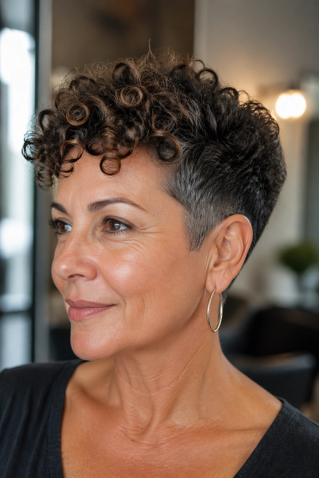 Close-up of a real woman with a tapered curly crop showing short sides and textured top under warm window light.