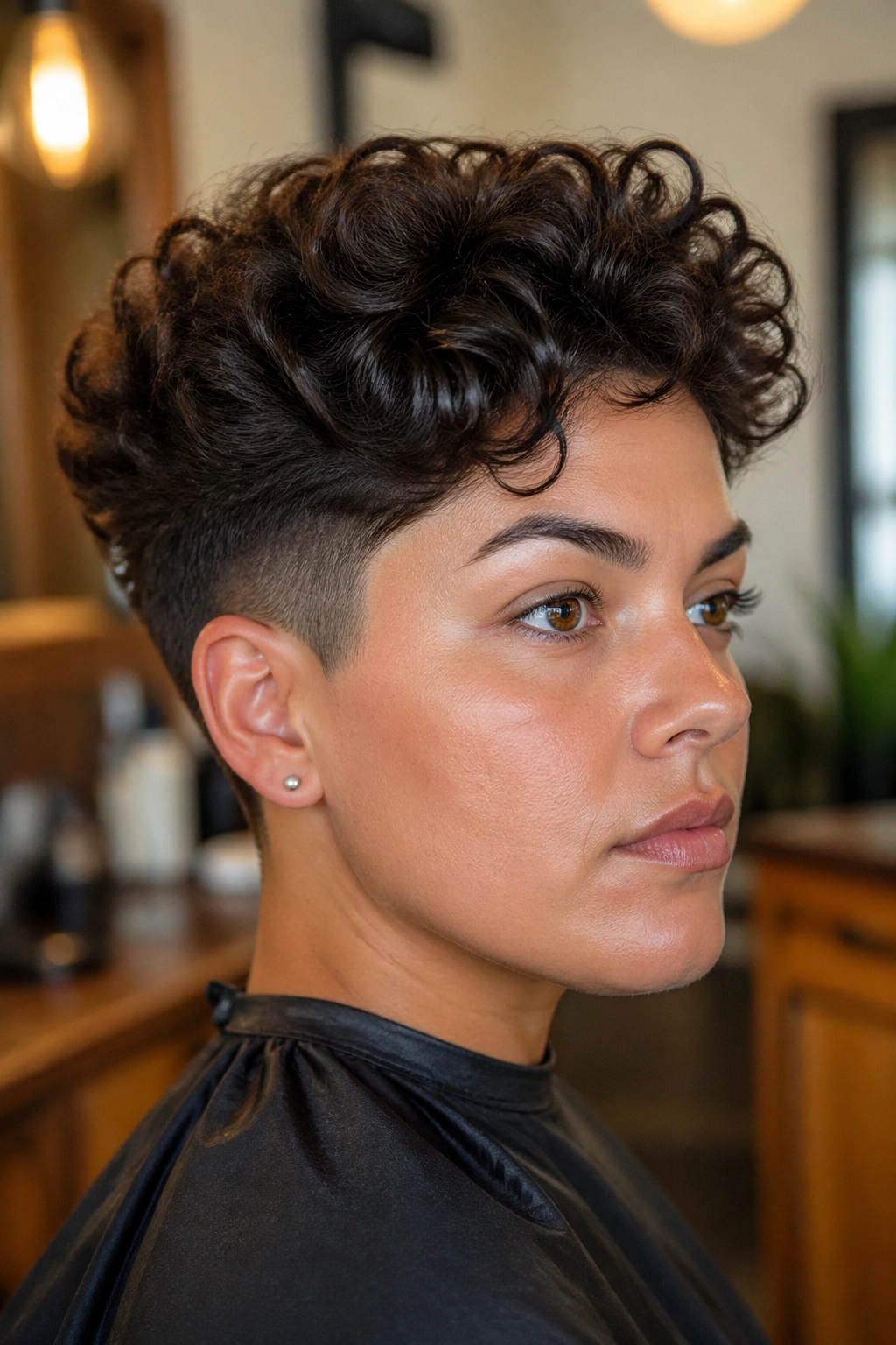 Medium close-up of a real woman with tapered curly crop and soft sides, salon background.