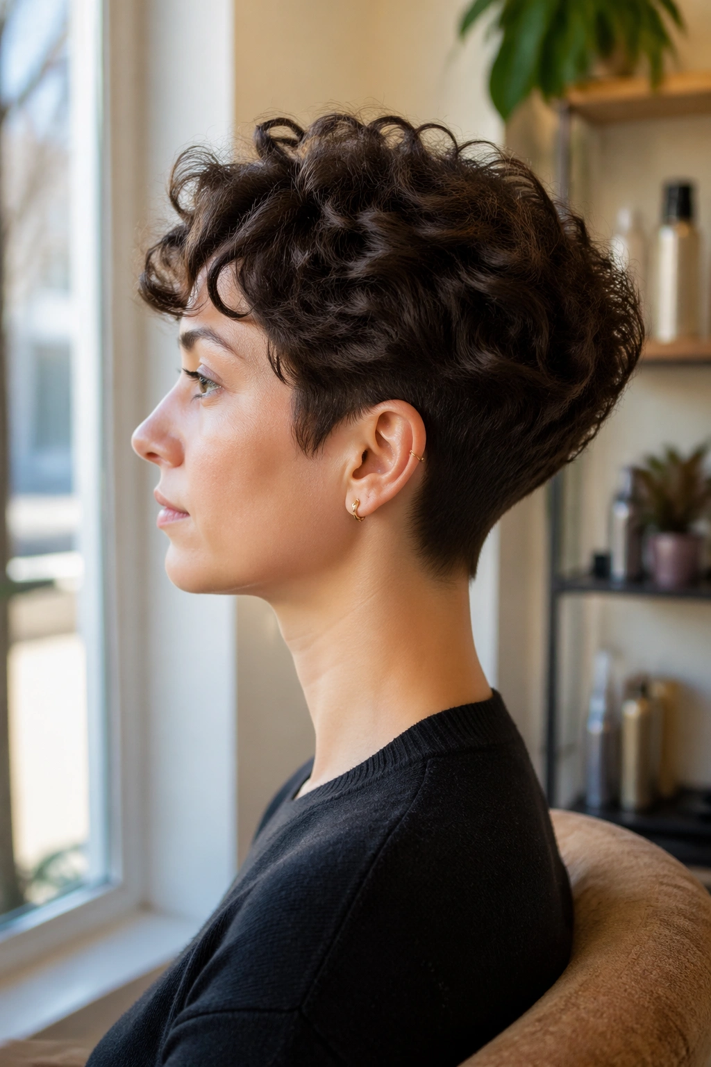 Side-profile view of a tapered curly cut in natural light.