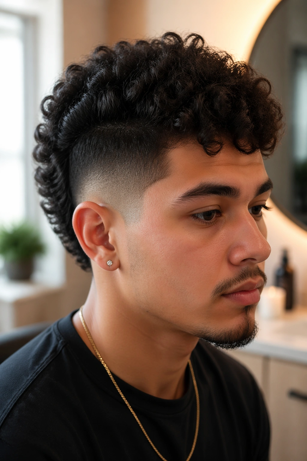 Close-up of a real person with a tapered curly mohawk and clean sides