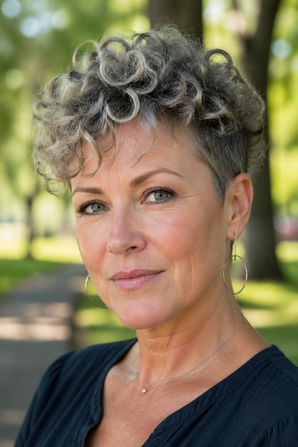 Close-up portrait of a woman with a tapered curly pixie