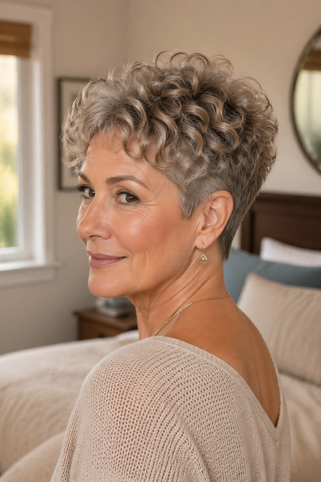 Close-up of a real woman with a tapered curly pixie and clean nape under warm window light