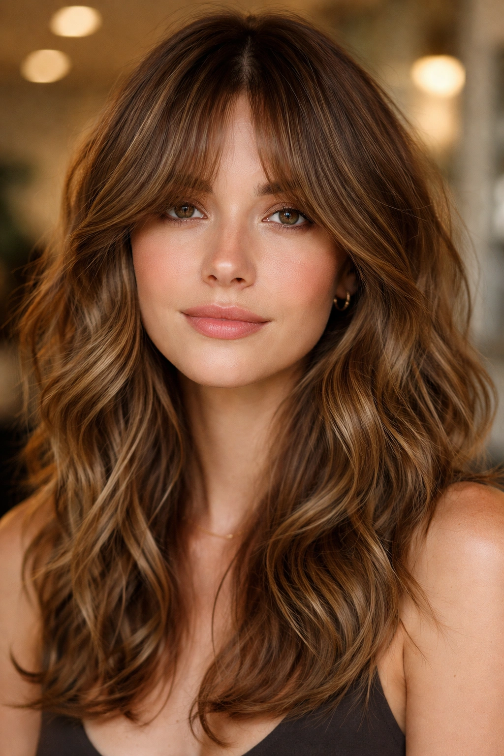 Tapered Curtain Bangs close-up portrait with center-shorter fringe in salon light