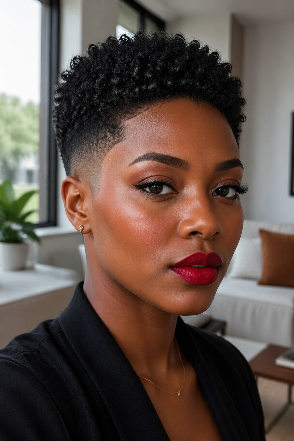 Real woman with clean tapered cut and bold red lips