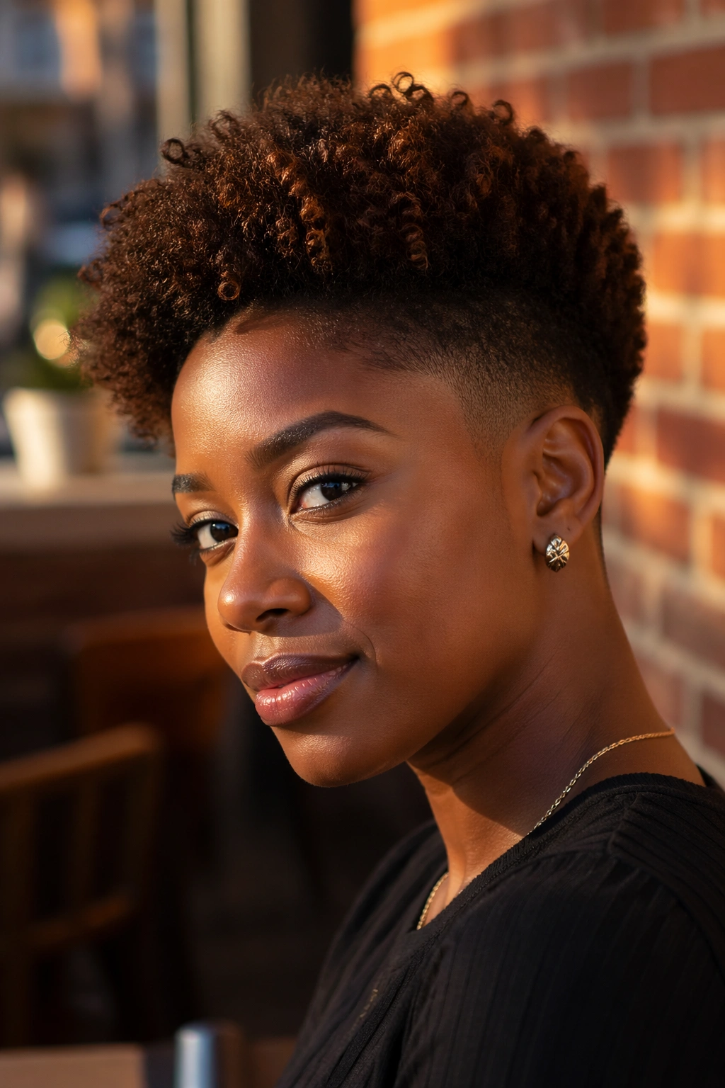 Portrait of a woman with a chocolate brown tapered cut in golden hour light