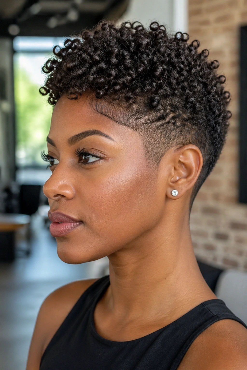 Real person with coil curl defined tapered style showing top coils and shaved sides.