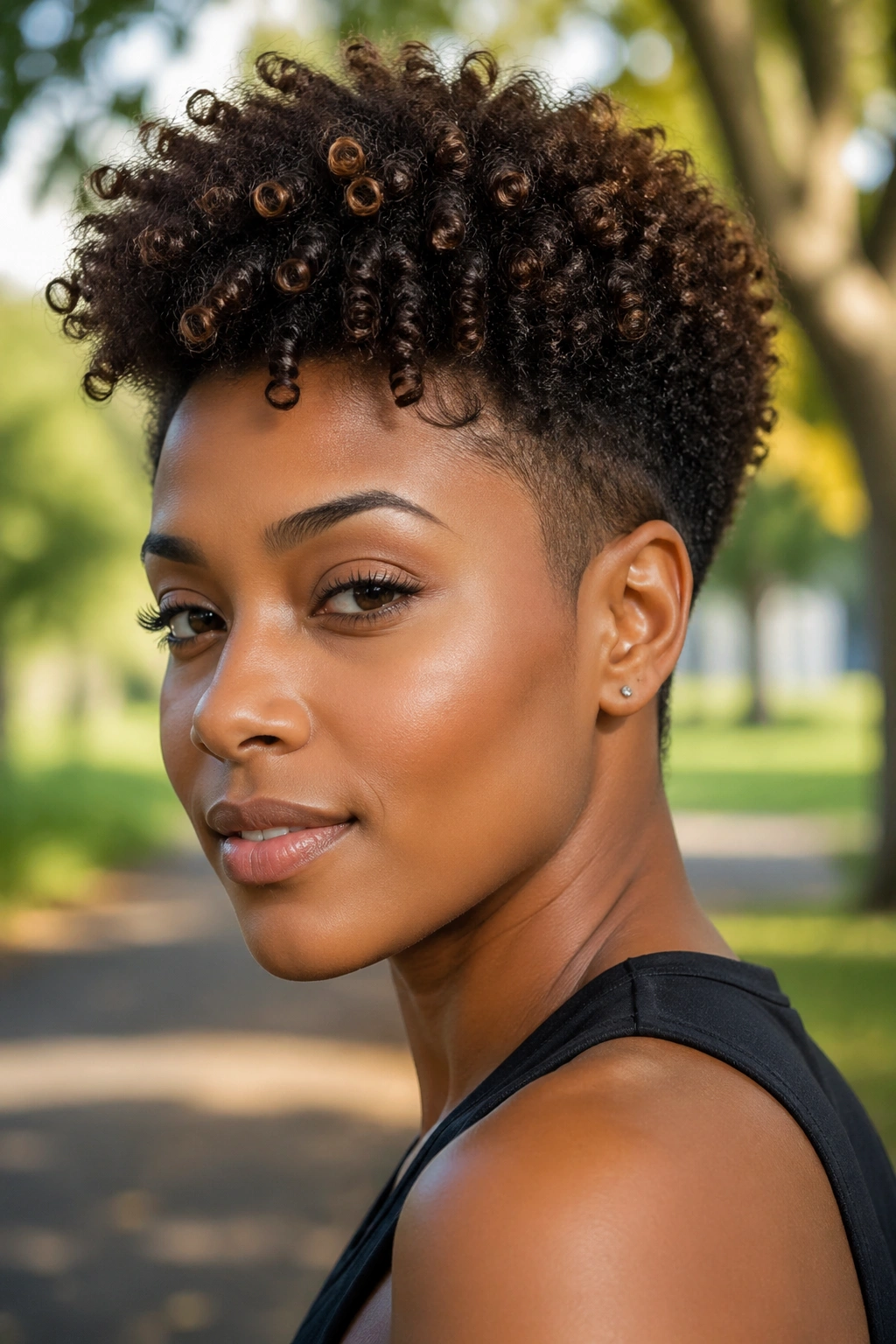 Close-up portrait of a woman with tapered sides and crown curls