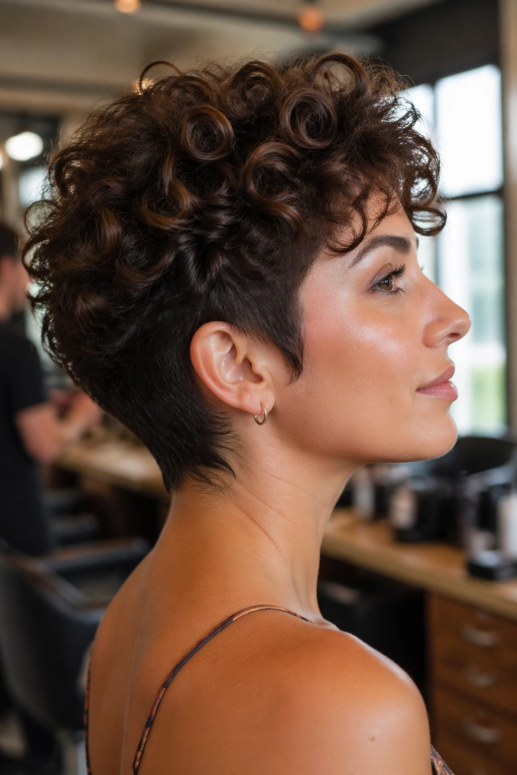 Close-up of a woman with a tapered curly cut in a warm salon.
