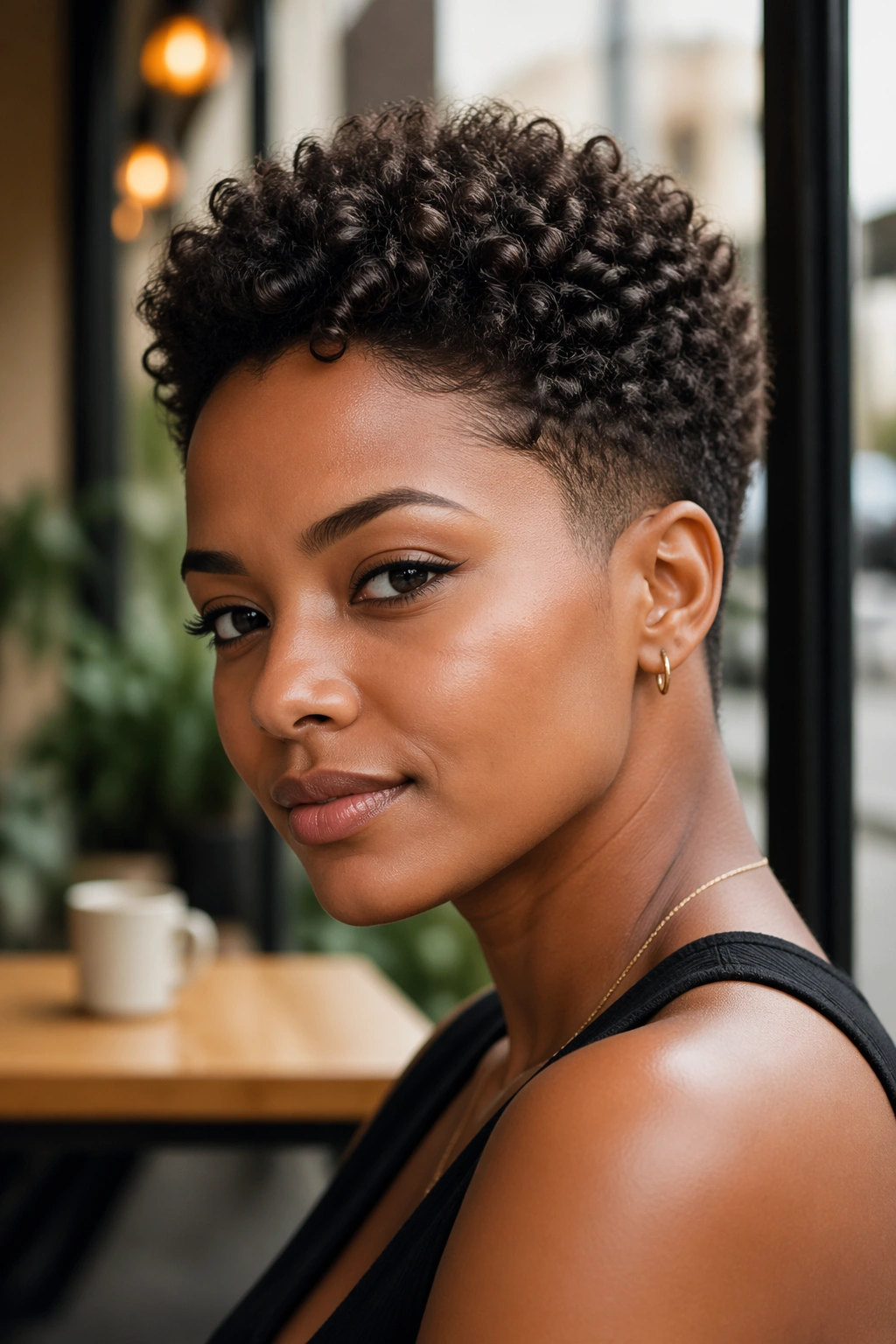 Close-up of a real person with a tapered cut and curly crown