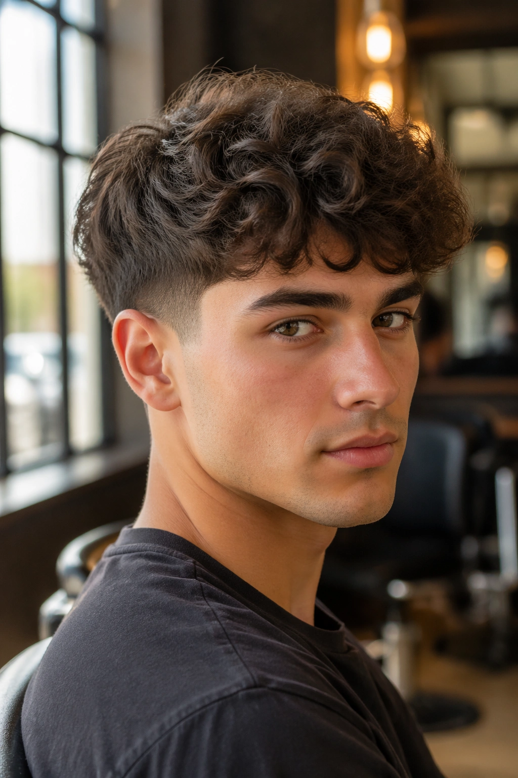 Close-up portrait of a real person with a tapered cut and soft curly fringe, short sides and curly top in warm salon lighting.