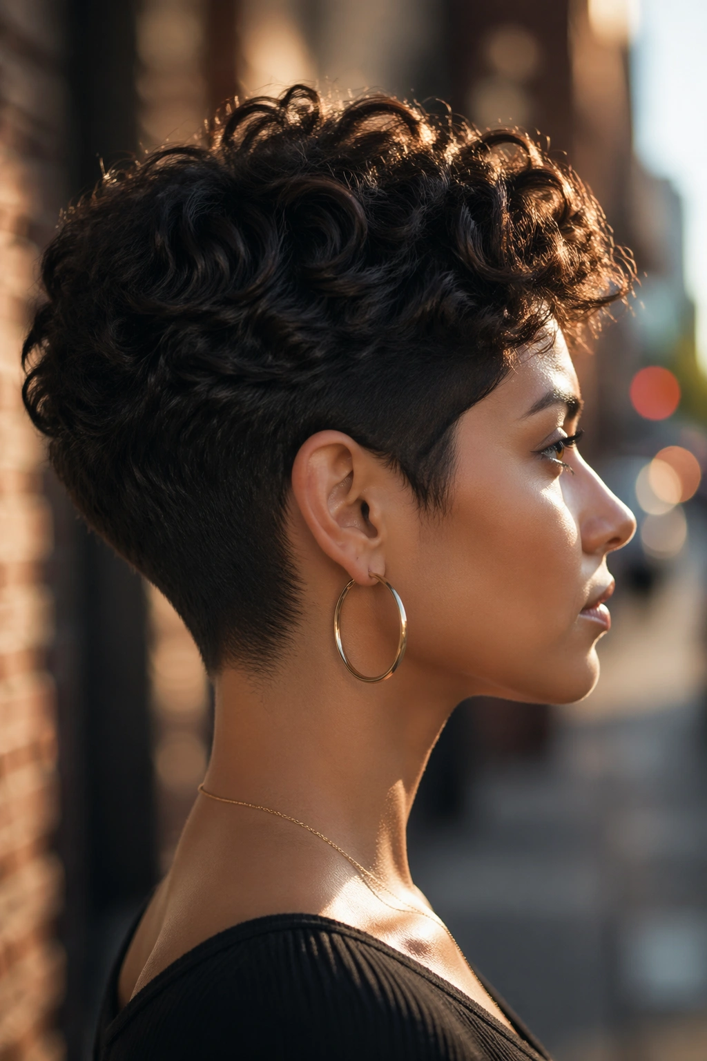 Profile portrait of a real person with tapered cut and detailed nape.