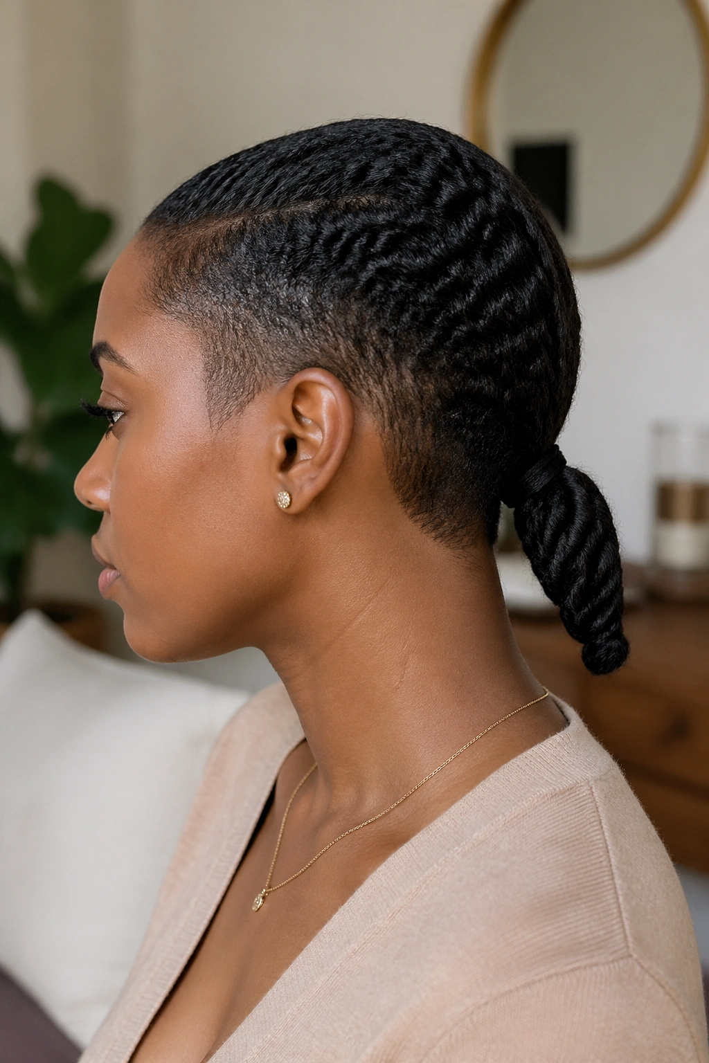Real Black woman with tapered cut and low ponytail at the nape