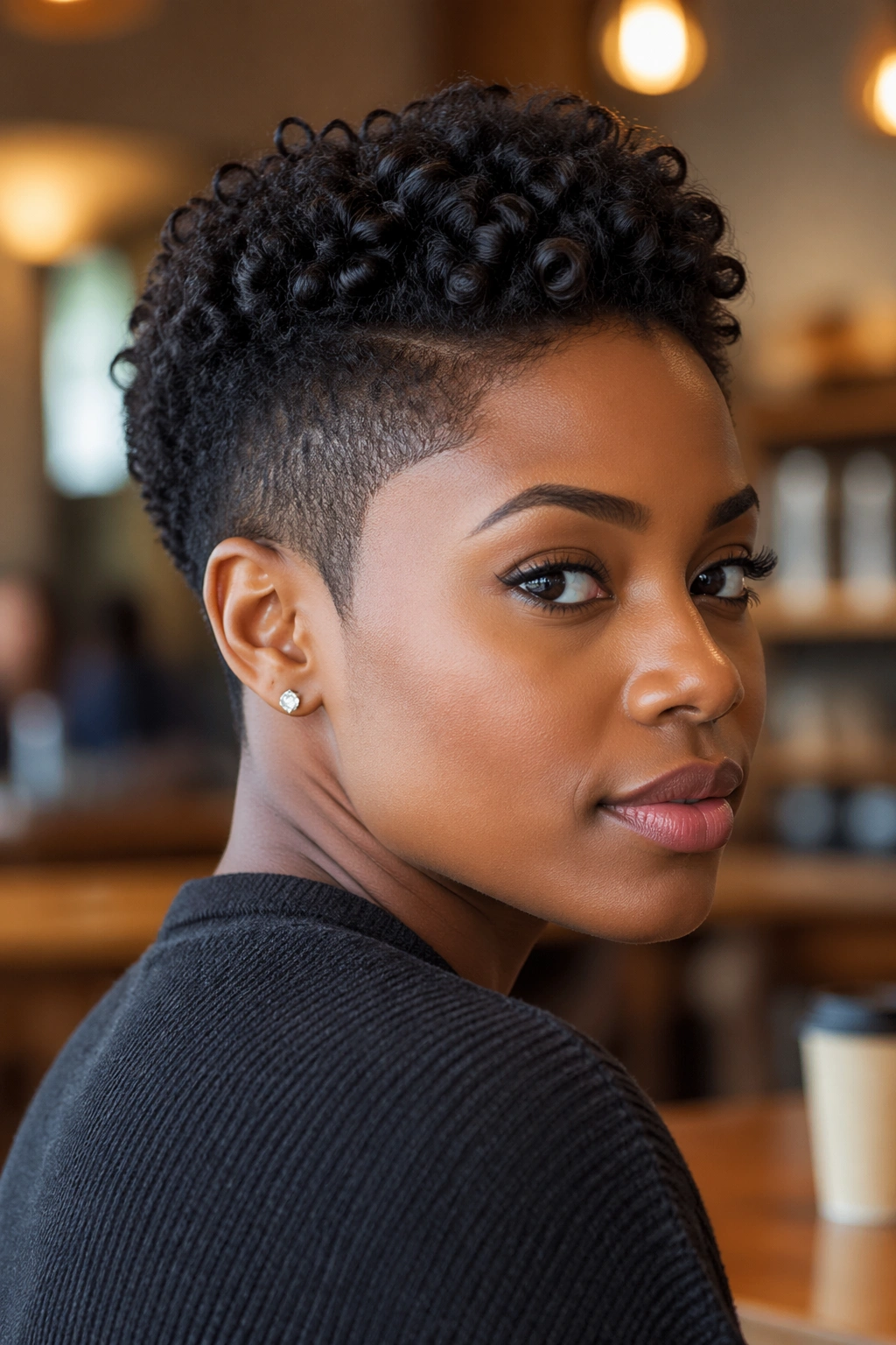 Close-up portrait of a real Black woman with a tapered hairstyle