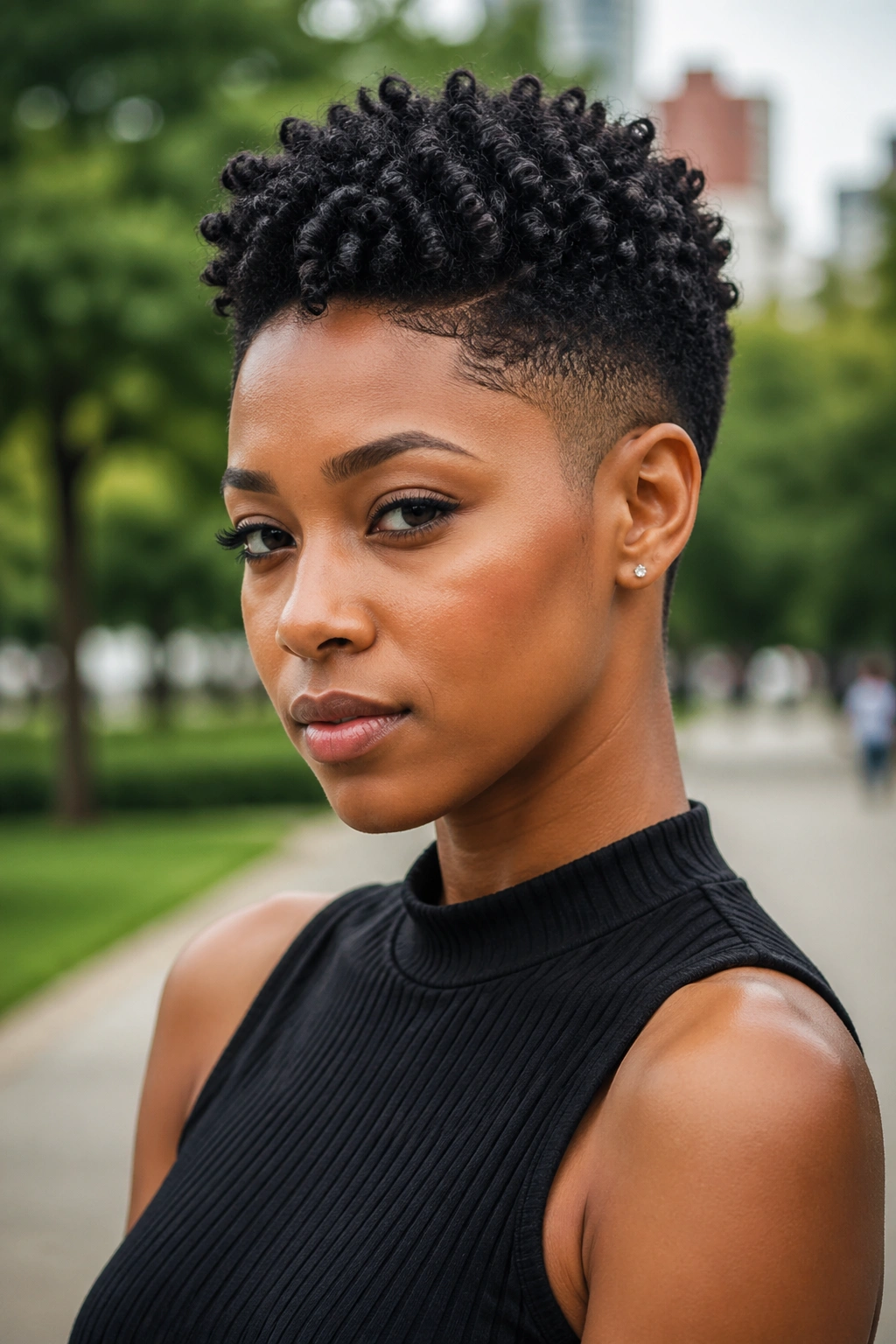 Person with a tapered cut and sculpted top.