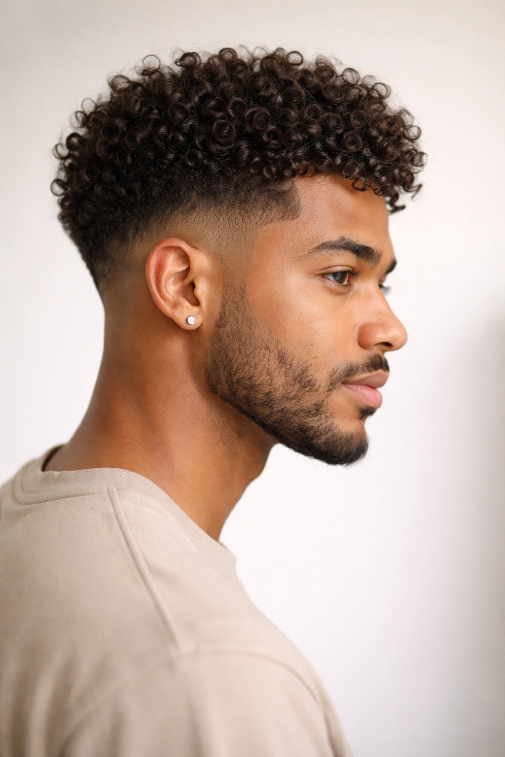 Close-up of tapered curly cut with short sides showing contrast between lengths