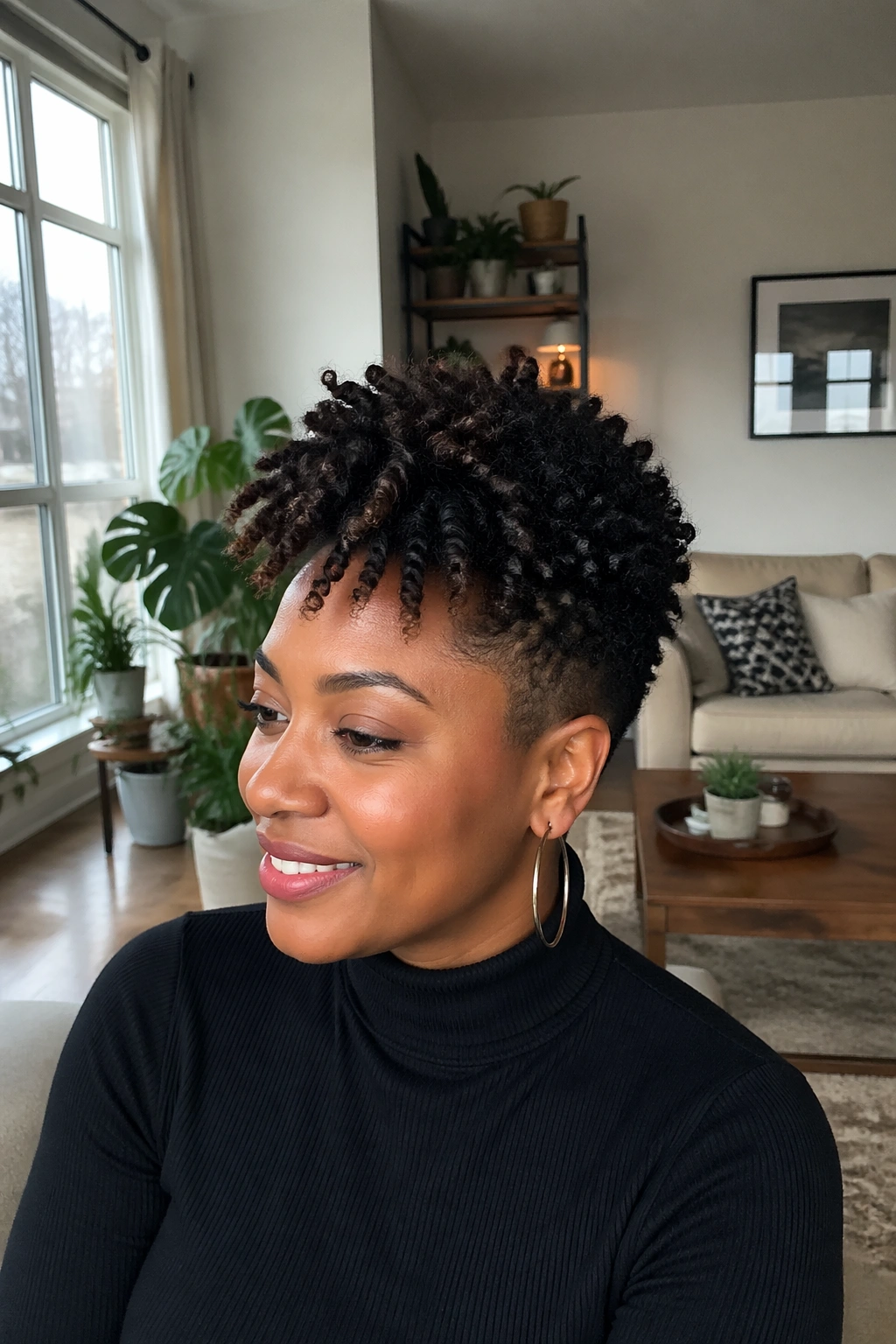 Tapered twist out with height in a bright living room setting