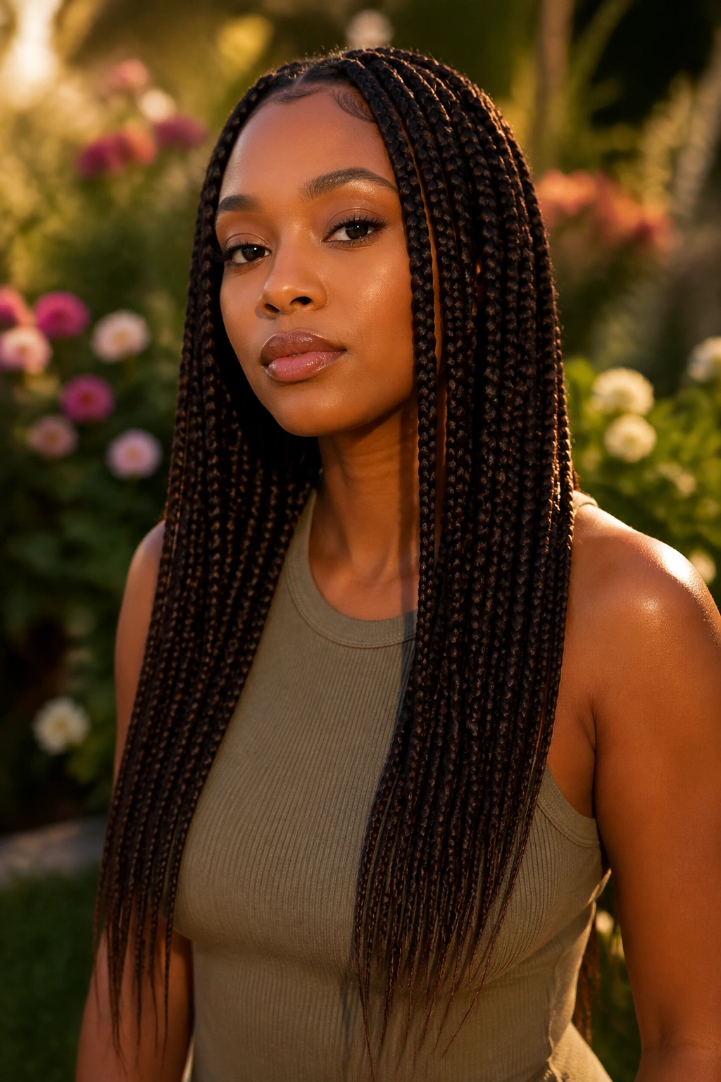 Close-up portrait of a person with tapered-end long box braids in a garden at golden hour.