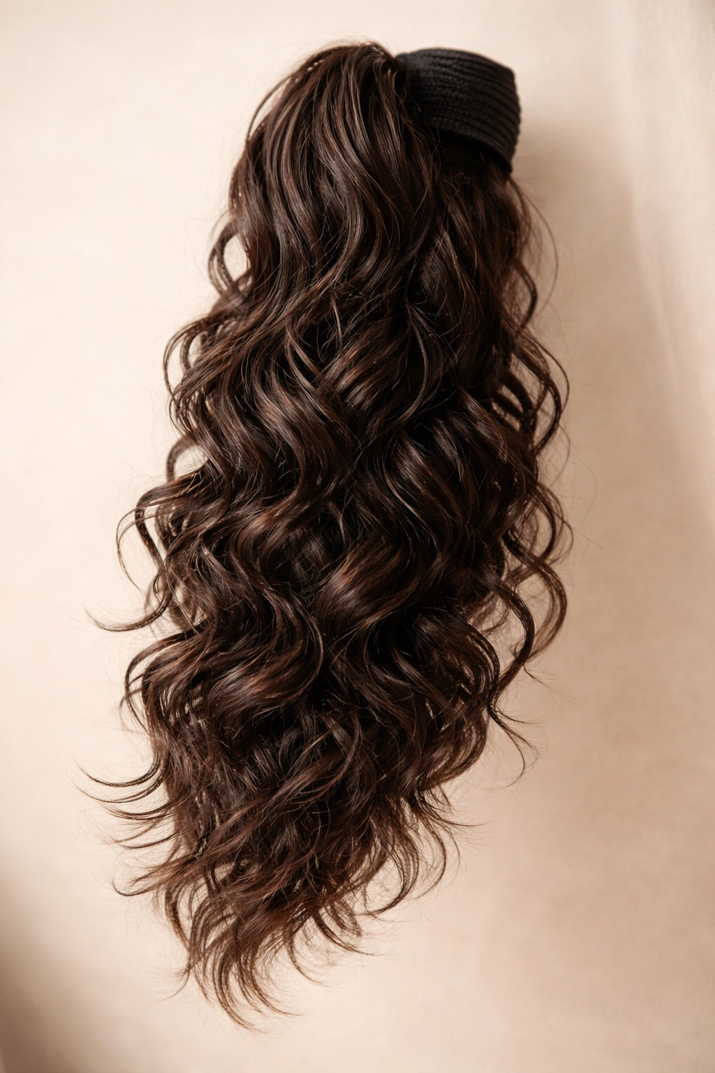 Close-up of curly ponytail with tapered, feathered ends