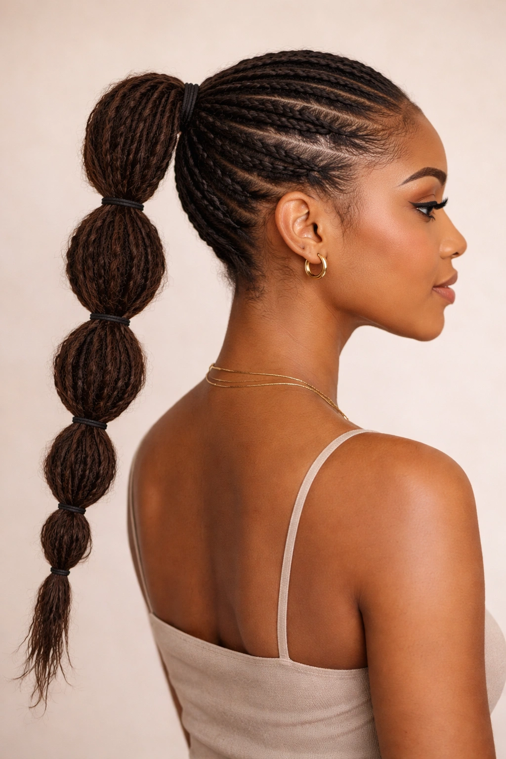 Close-up of tapered ends bubble ponytail showing shorter end bubbles