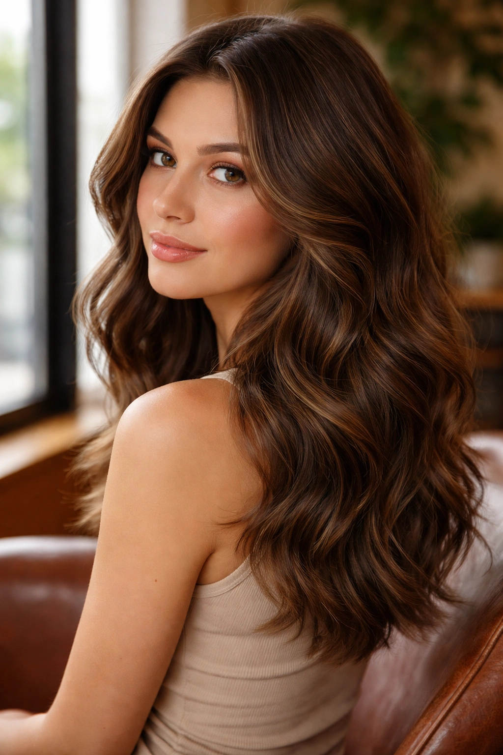 Close-up of a real woman with tapered ends on thick wavy hair in natural light