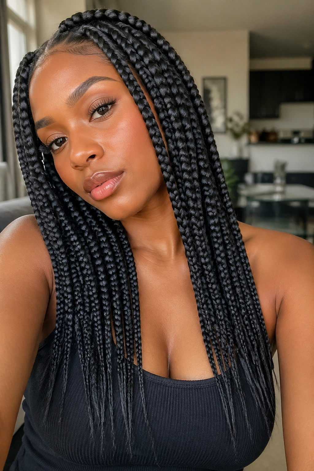 Portrait of jumbo box braids with tapered ends on a real person