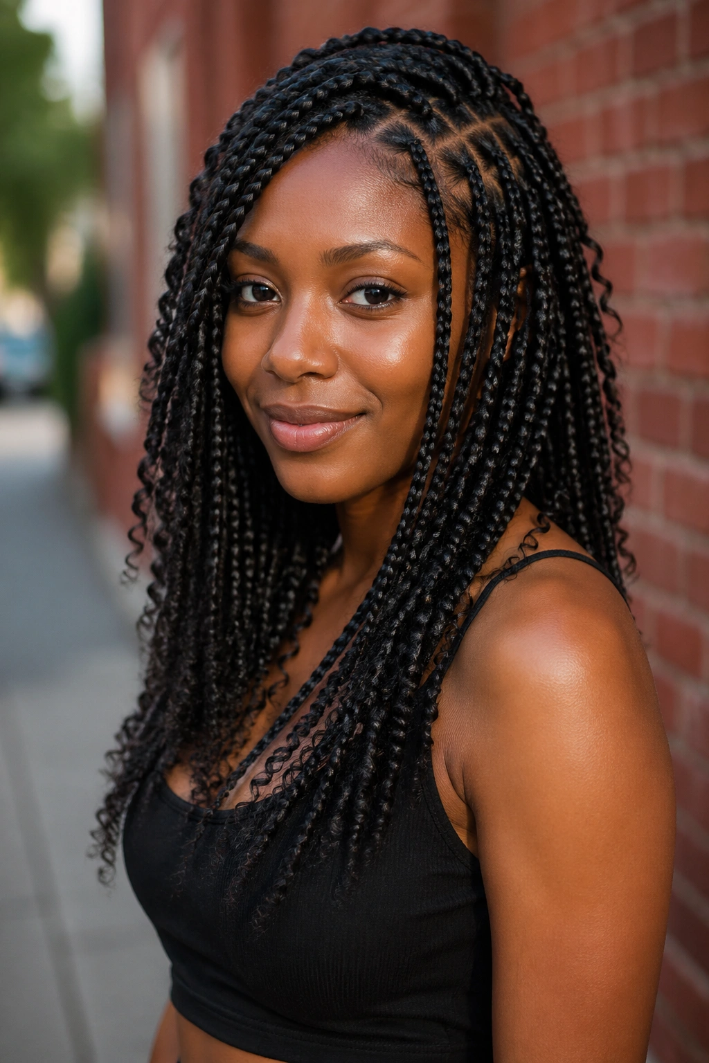 Three-quarter portrait of tapered-front goddess box braids outdoors