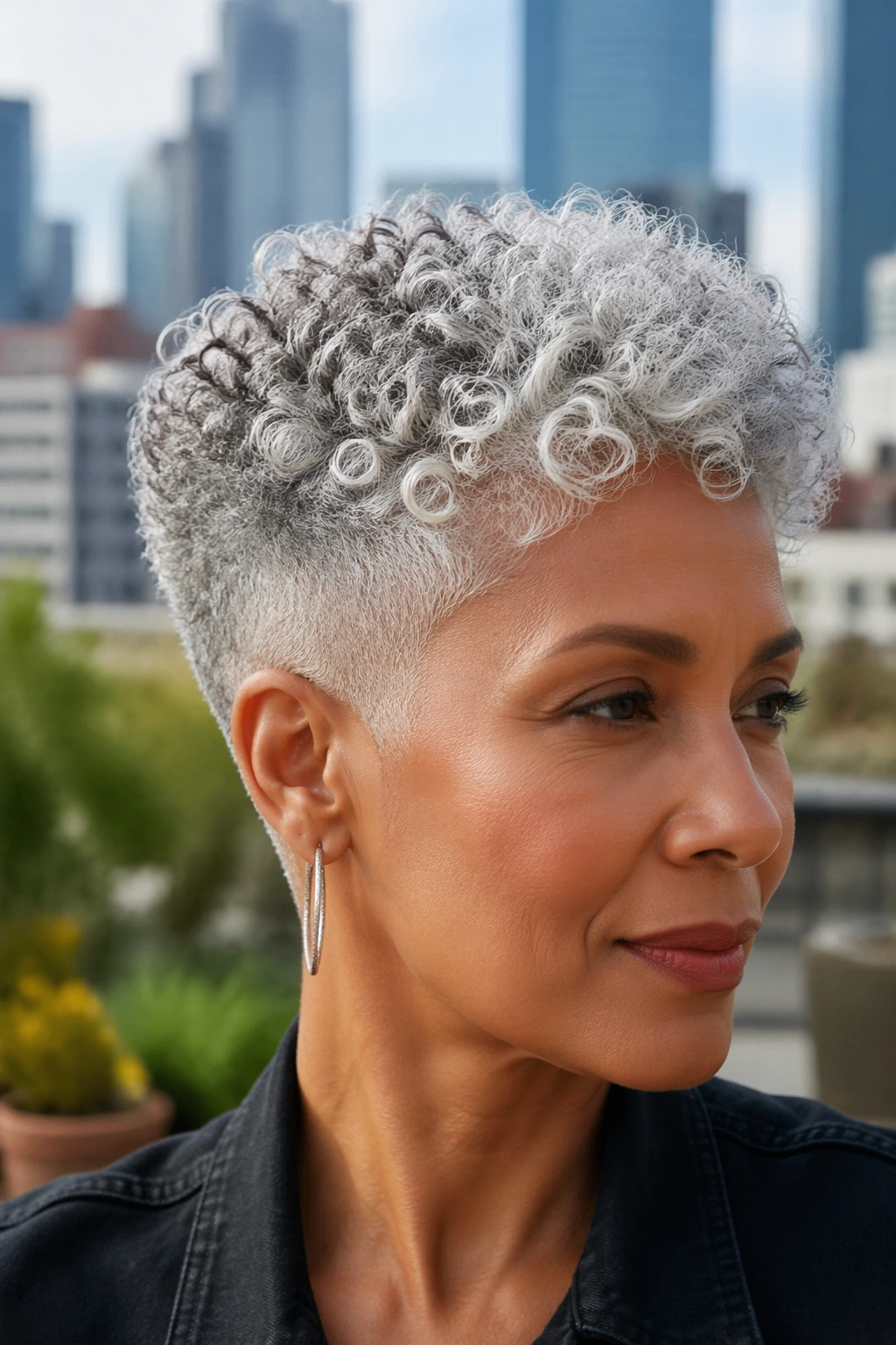 Portrait of a woman with a tapered grey curl cut showing sharp silhouette and silver gradient.