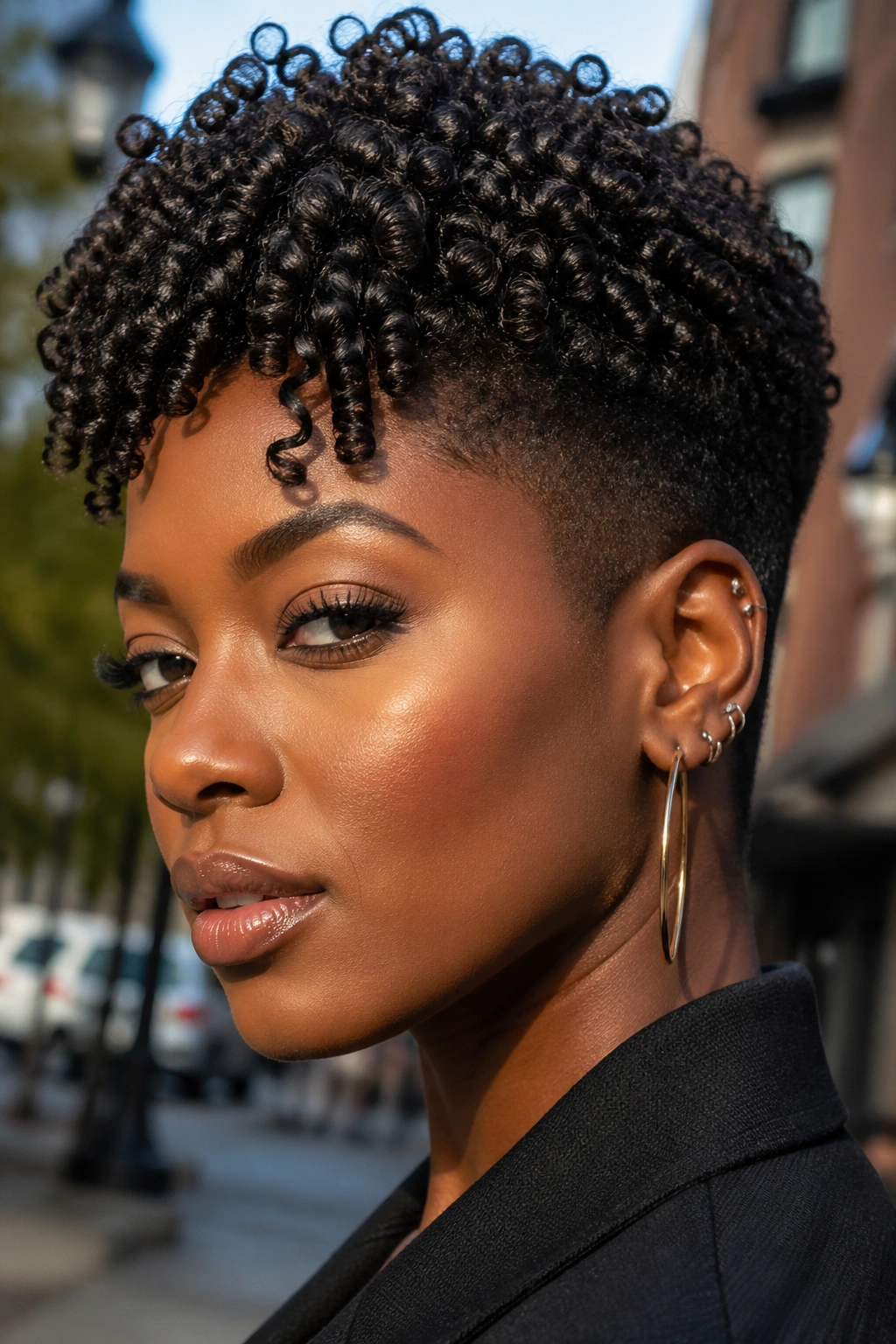 Close-up of a real person with a tapered juicy curl look
