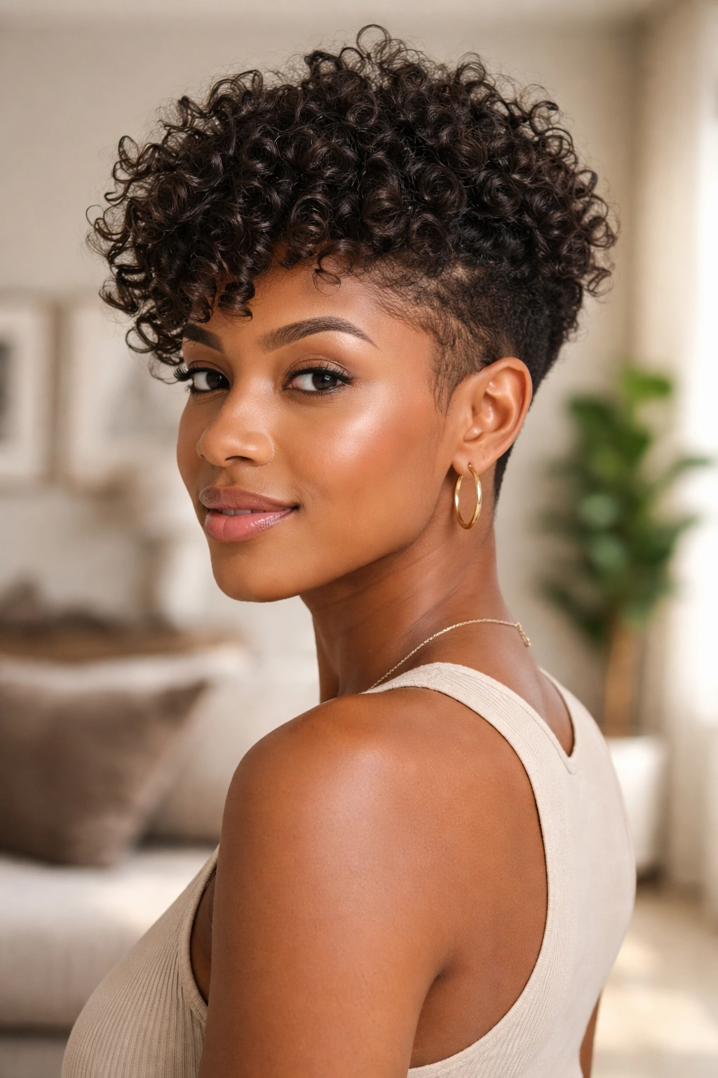 Portrait of a real person with tapered sides and loose curls on top
