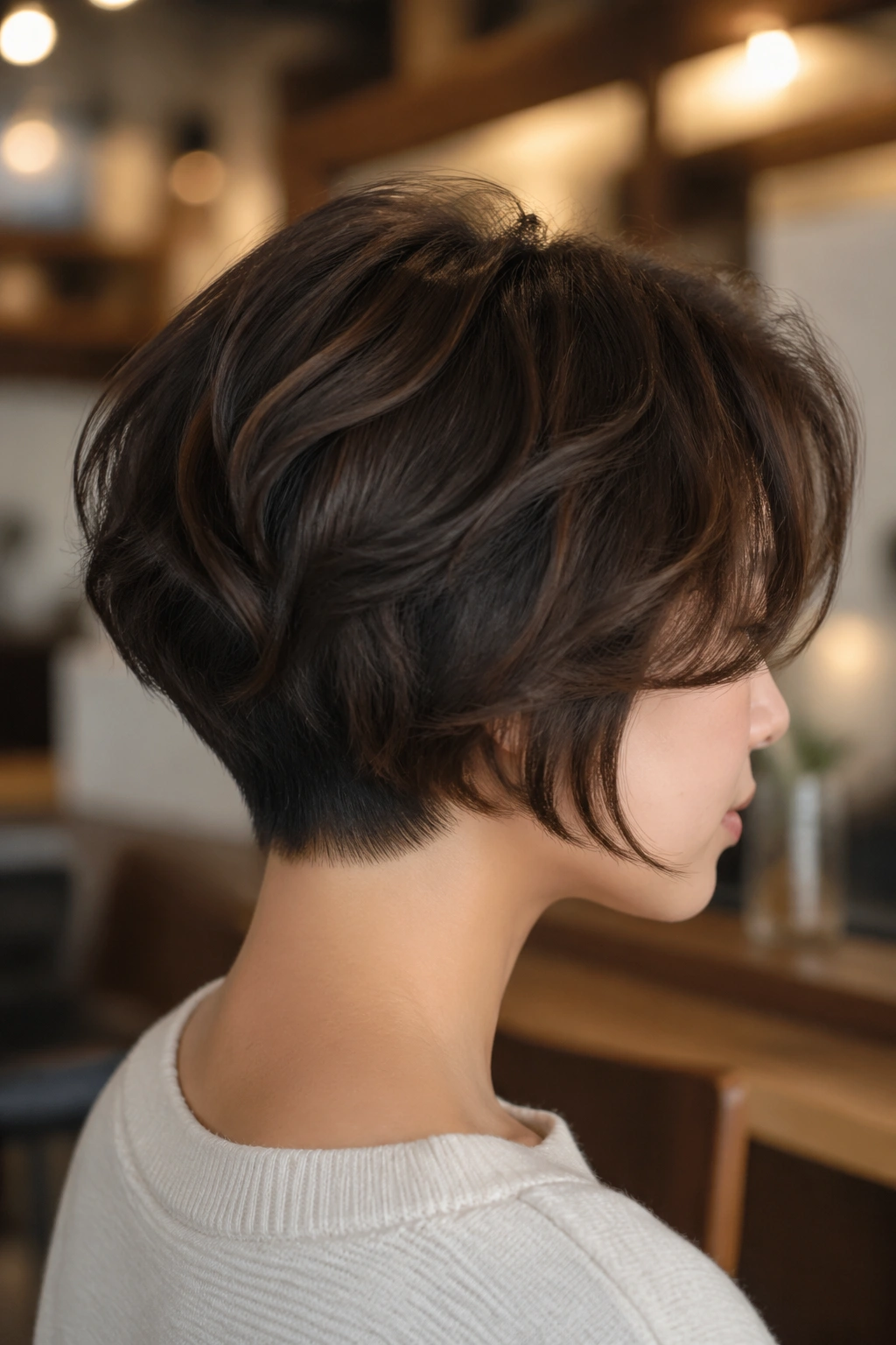 Profile of a real person with a tapered nape bob in warm cafe light