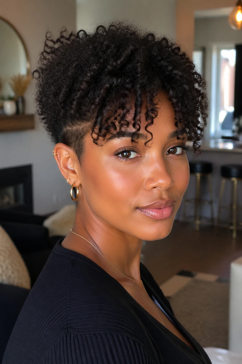 Close-up of a real woman with a medium tapered natural cut and curtain bangs.