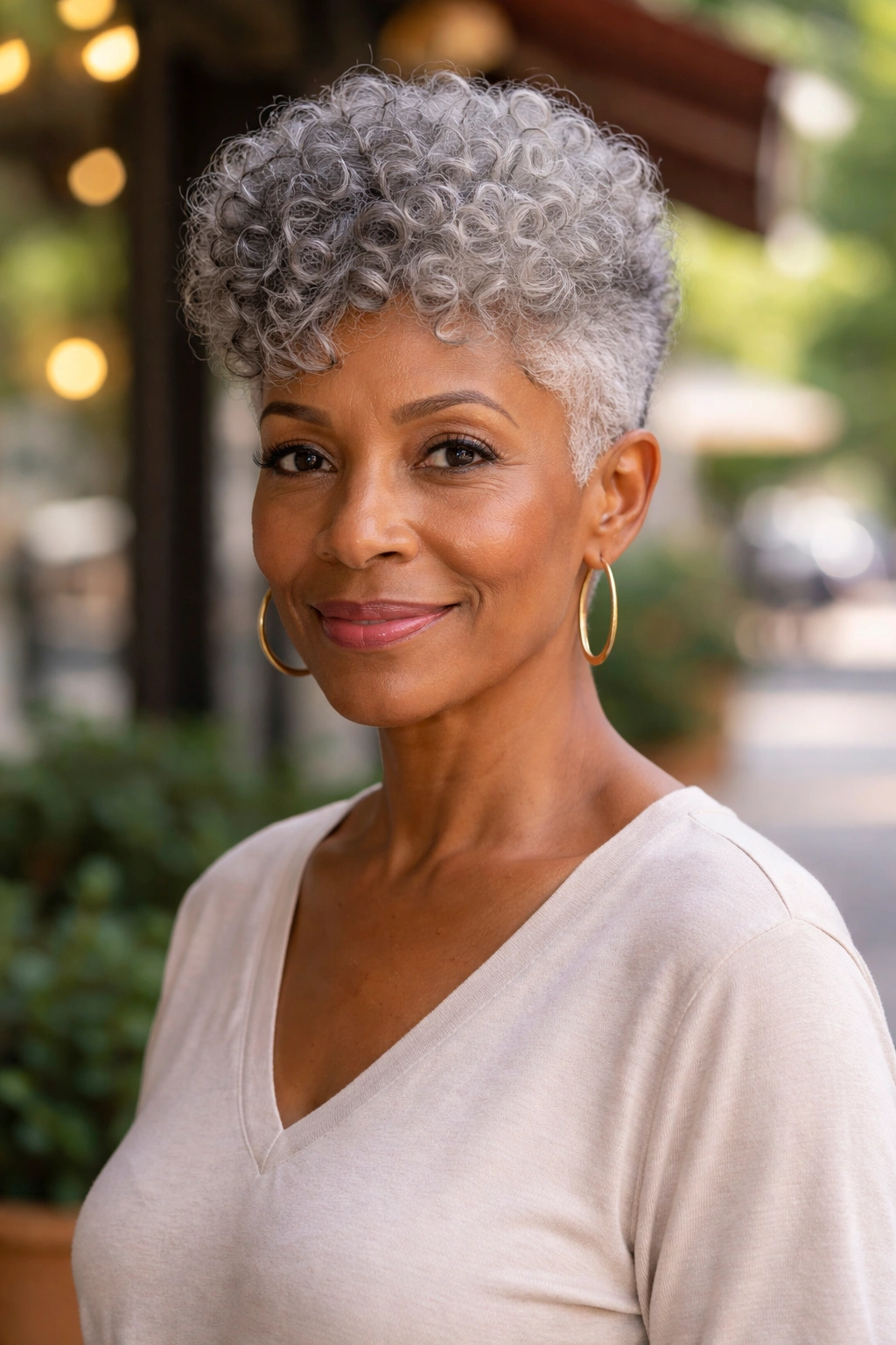 Close-up of a real woman with a tapered natural cut on grey curls in daylight
