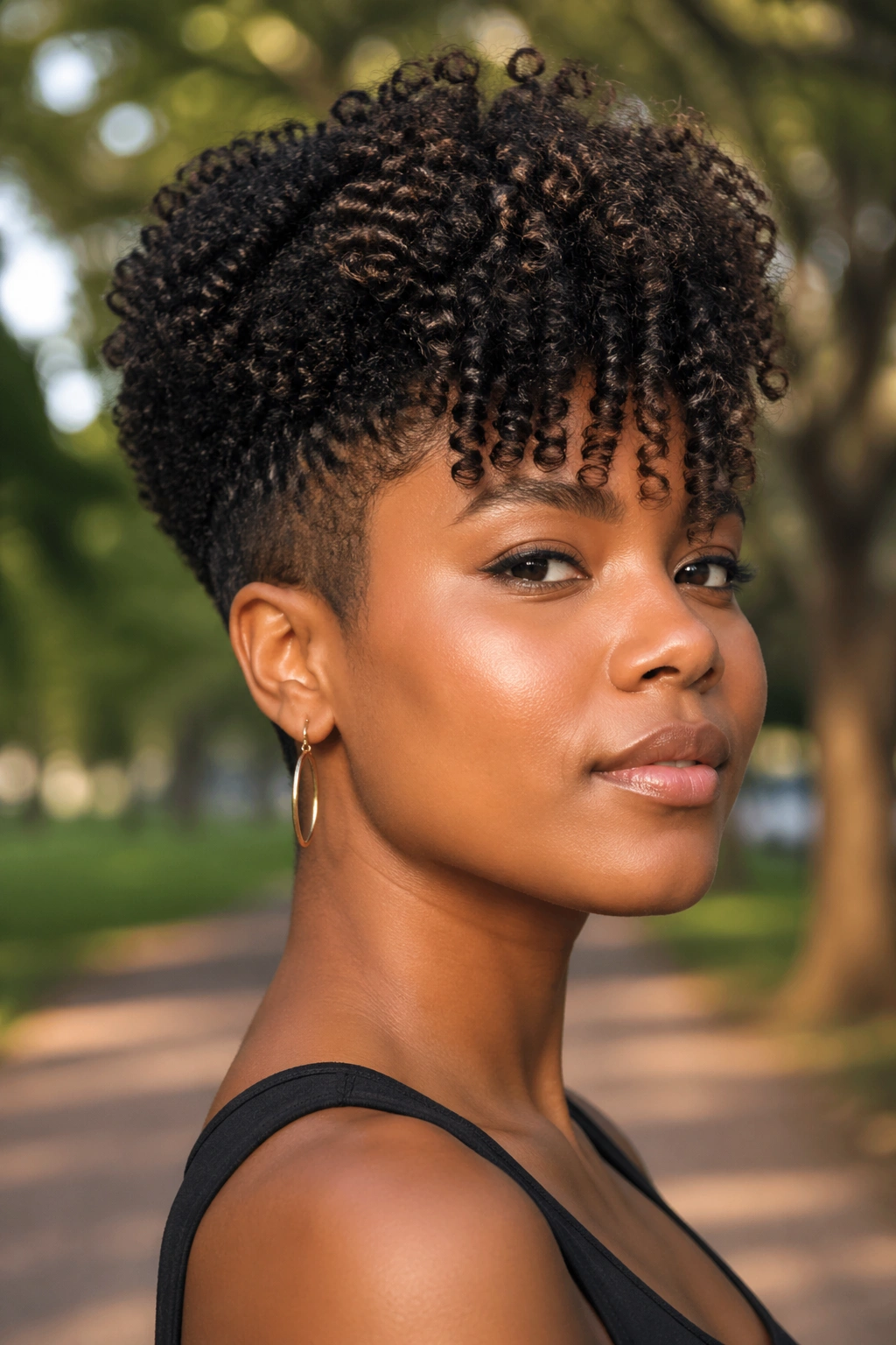 Close-up of real woman with tapered medium natural cut in park light