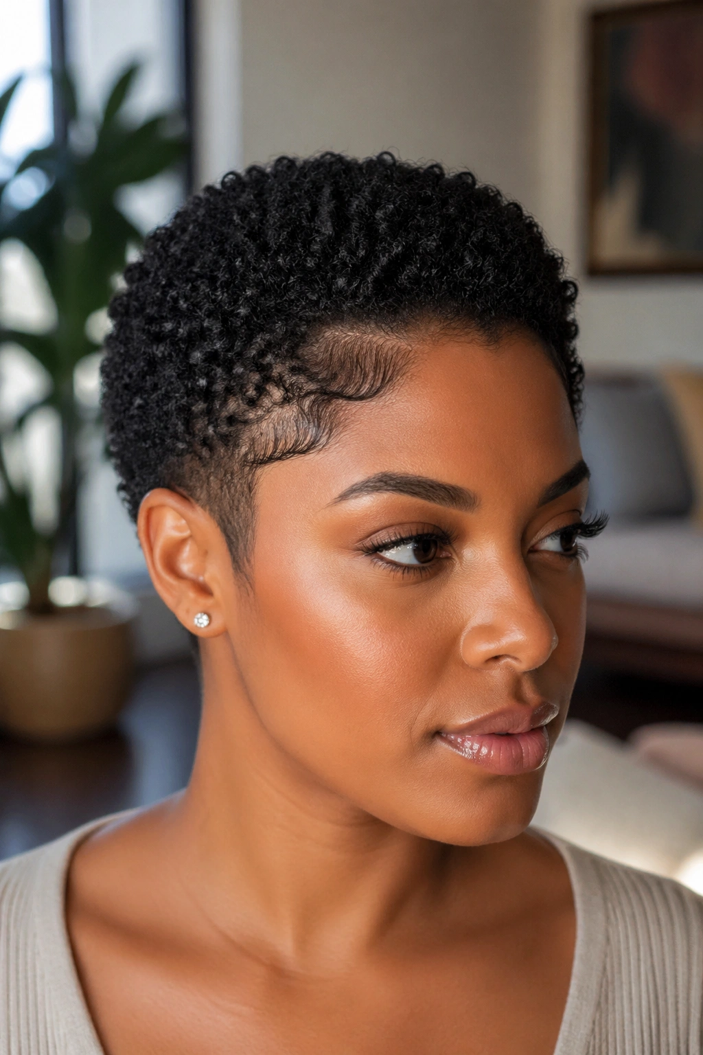 Close-up of a real woman with a tightly tapered natural hairstyle and defined edges along the hairline