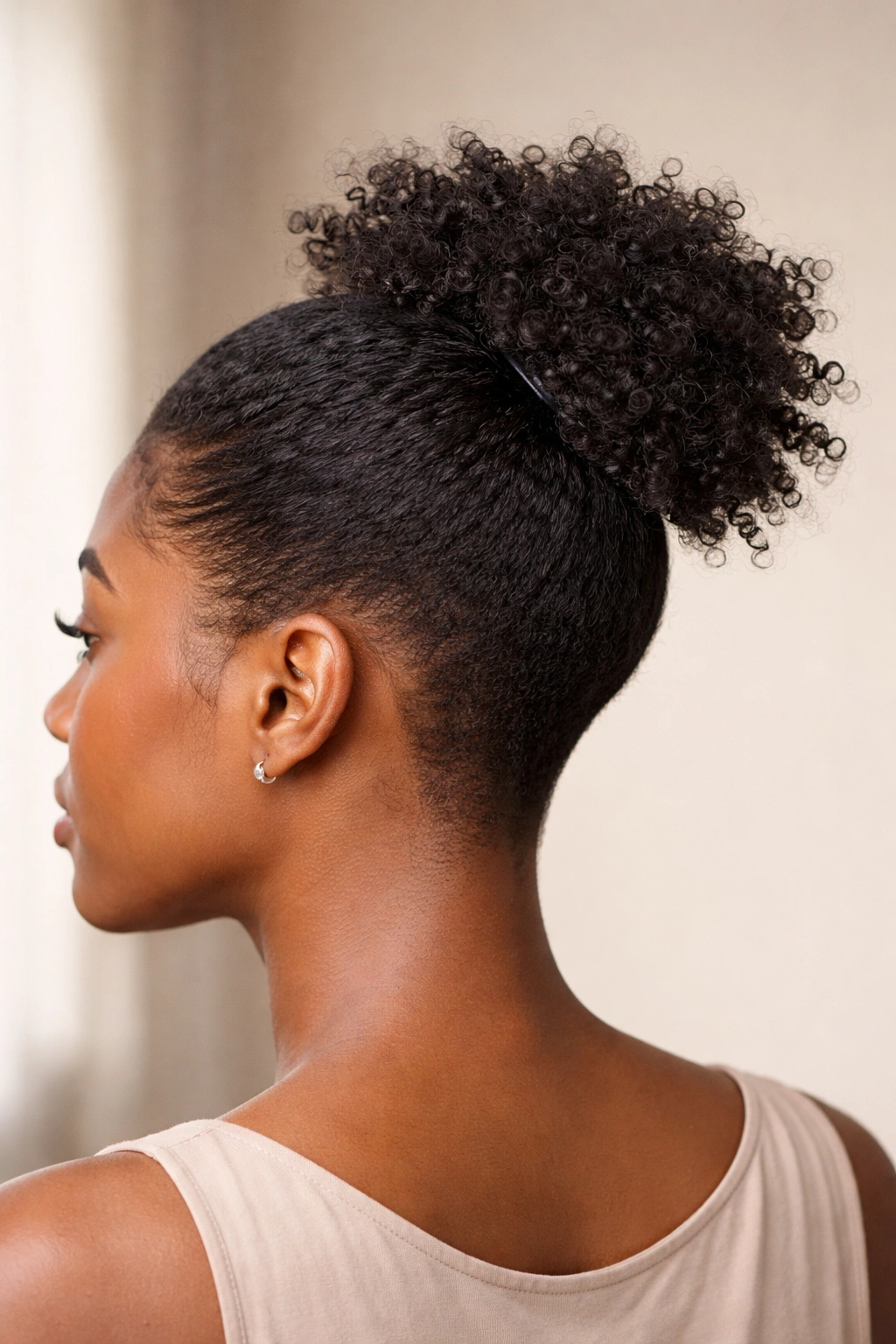 Tapered Natural Hair Mini Ponytail close-up of a tapered hairstyle with a tiny crown ponytail secured by a small elastic