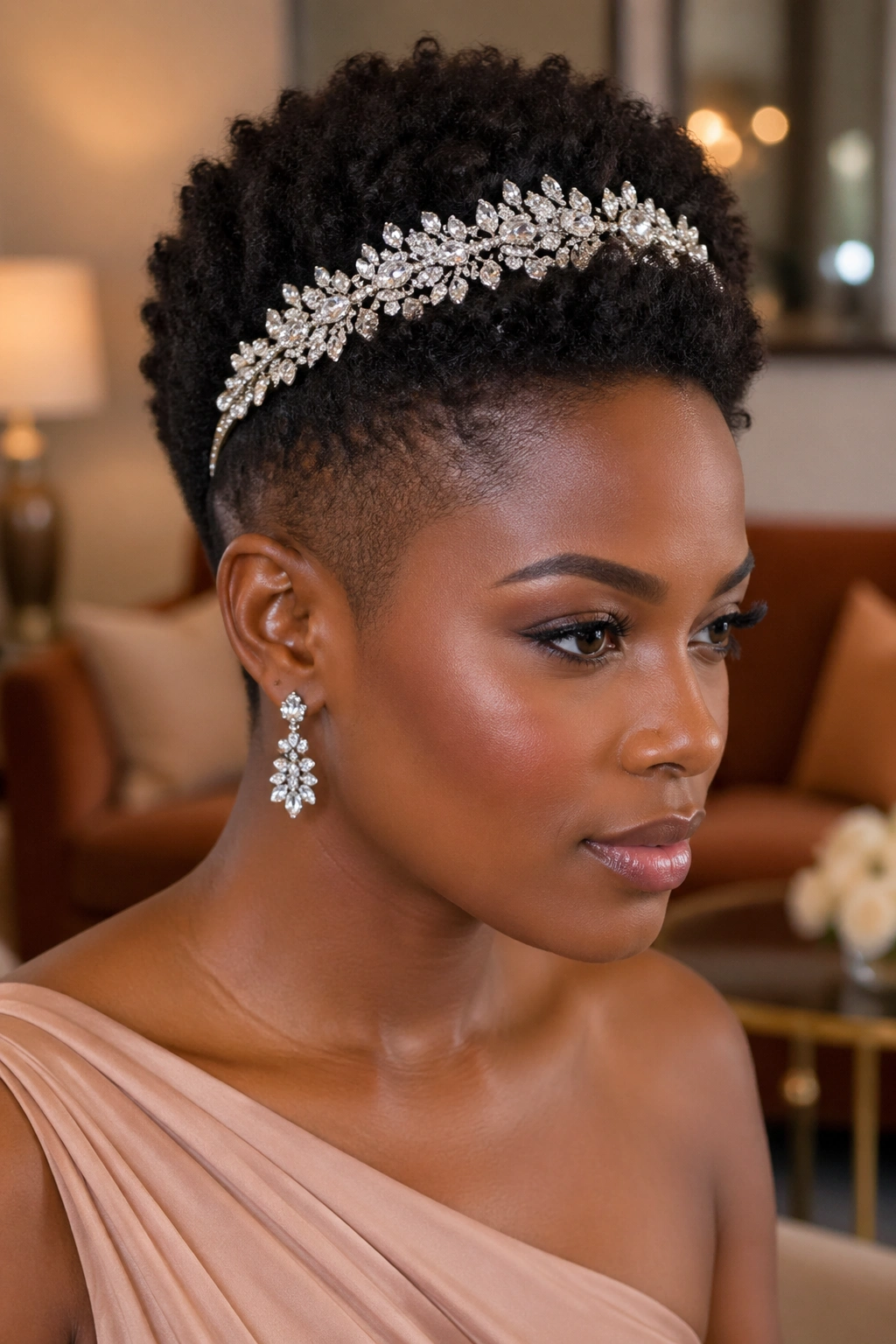 Close-up of tapered natural cut with jeweled headband