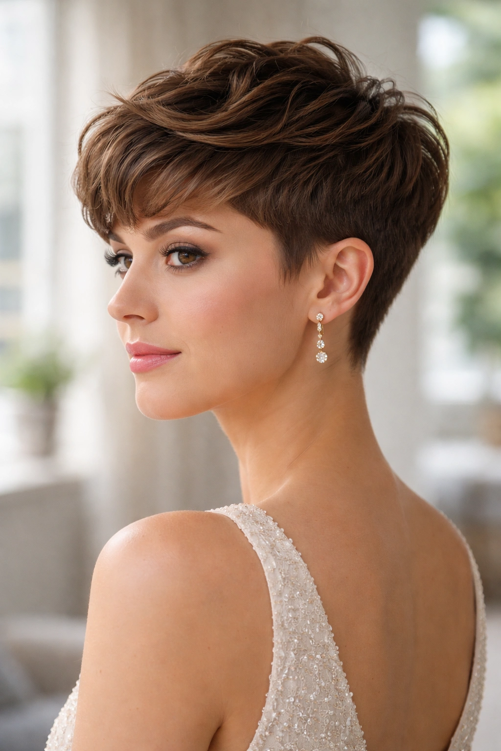 Close-up of real person with tapered pixie and wavy crown