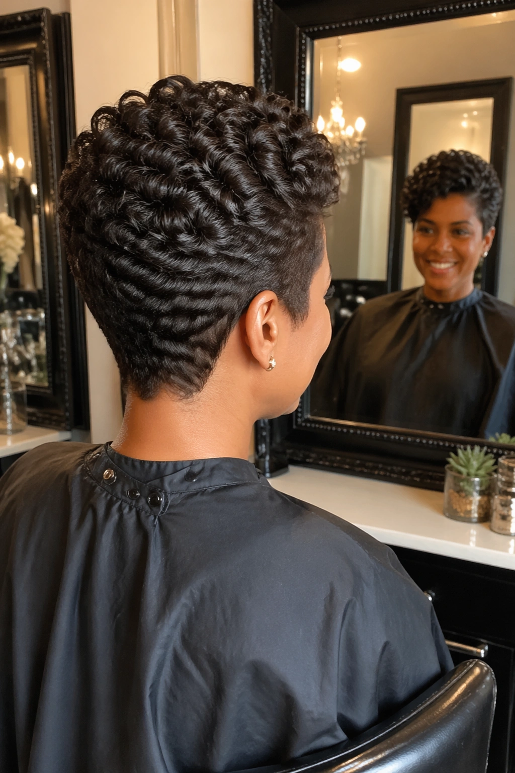 Over-the-shoulder candid shot of a tapered pixie curl in a salon.