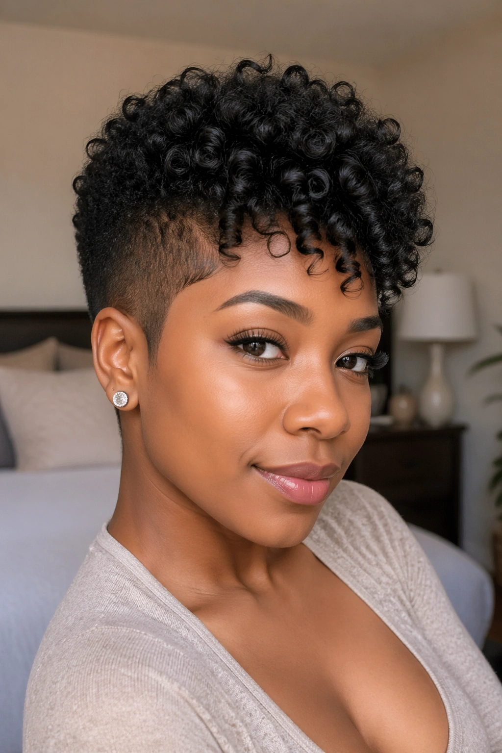 Close-up of a real person wearing a tapered pixie curly wig with tapered sides and lifted crown