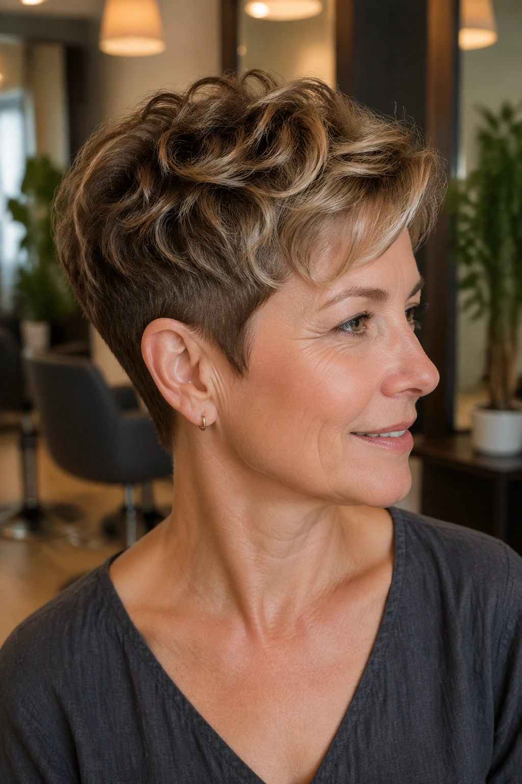 Close-up of a real woman with a tapered pixie cut in warm salon lighting