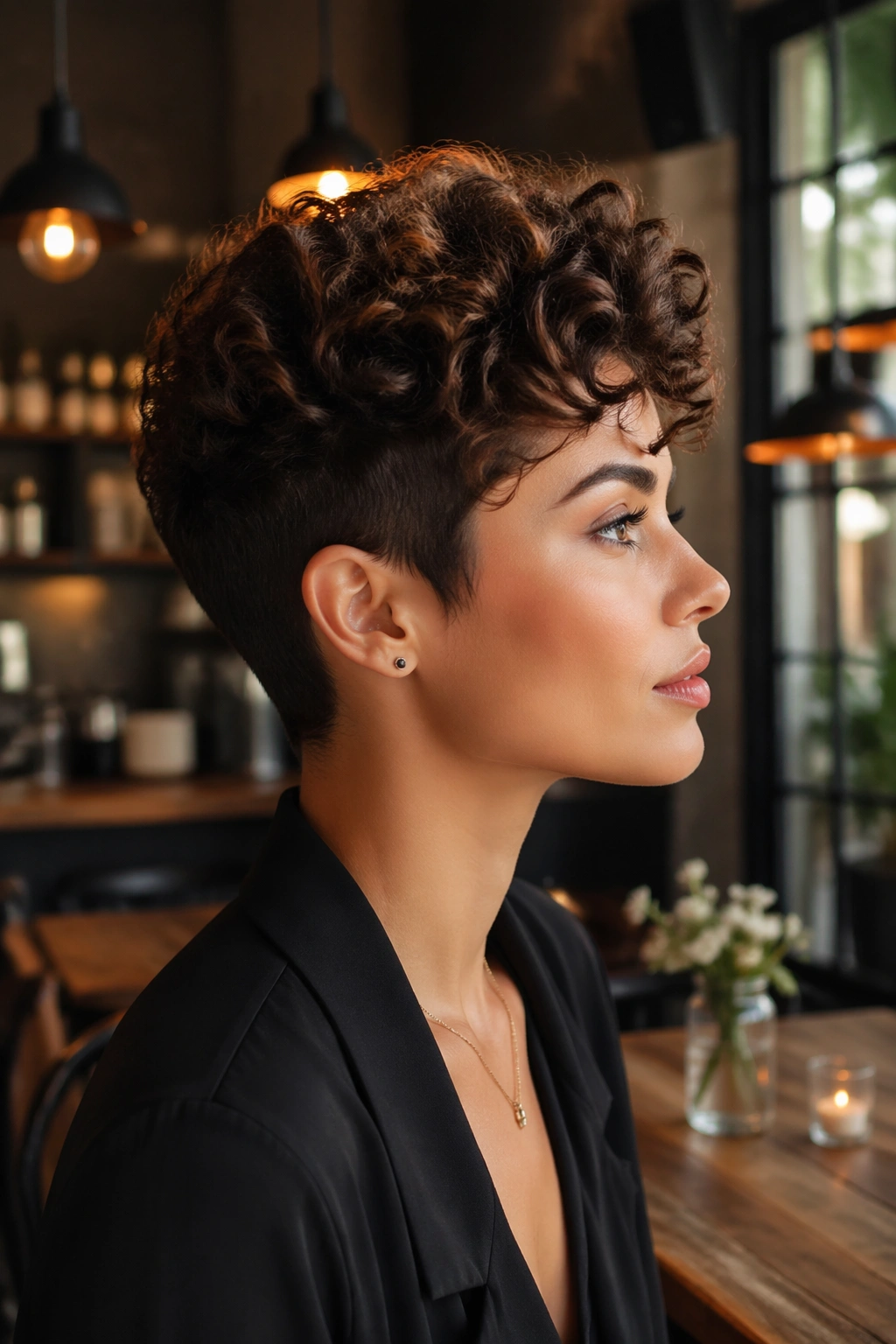 Tapered pixie with defined top curls side profile